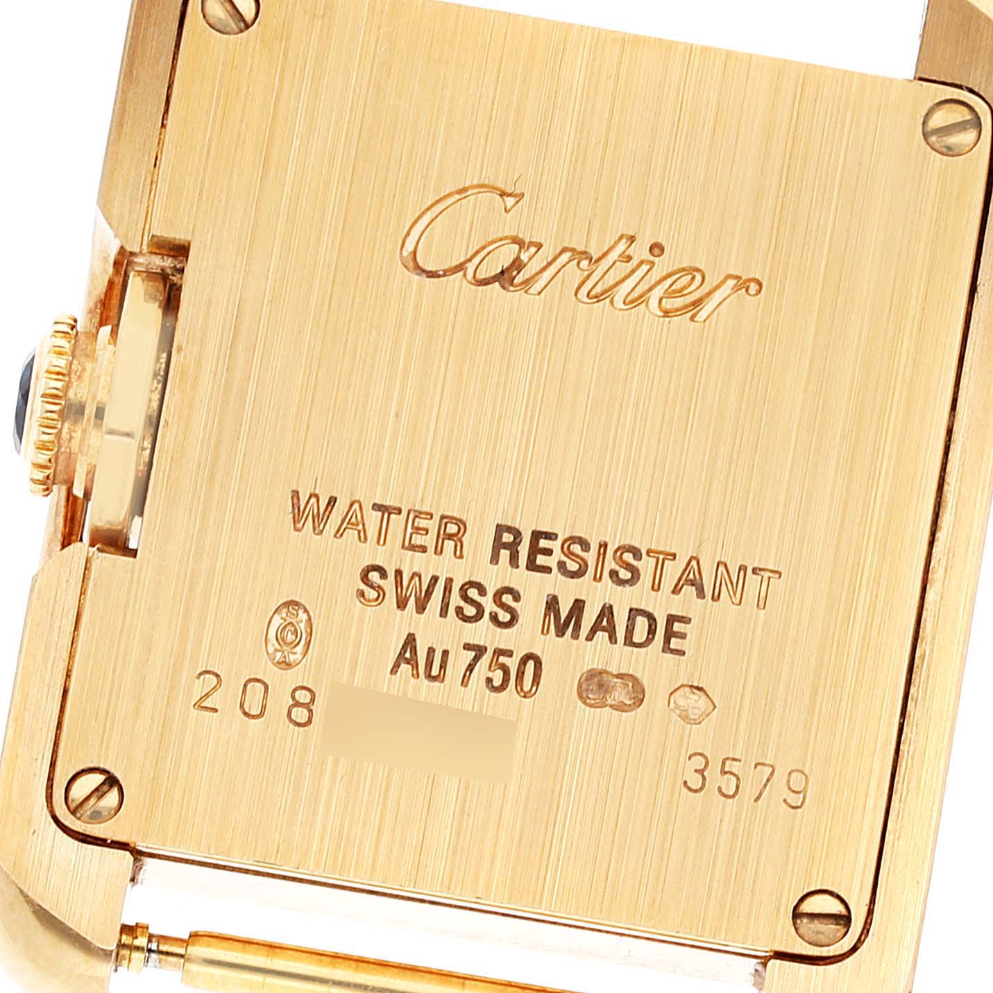 The image shows the back casing of the Cartier Tank Anglaise W5310028 Women's Yellow Gold Silver Dial W5310028 Women's Yellow Gold Silver Dial watch, highlighting the brand name and specifications.