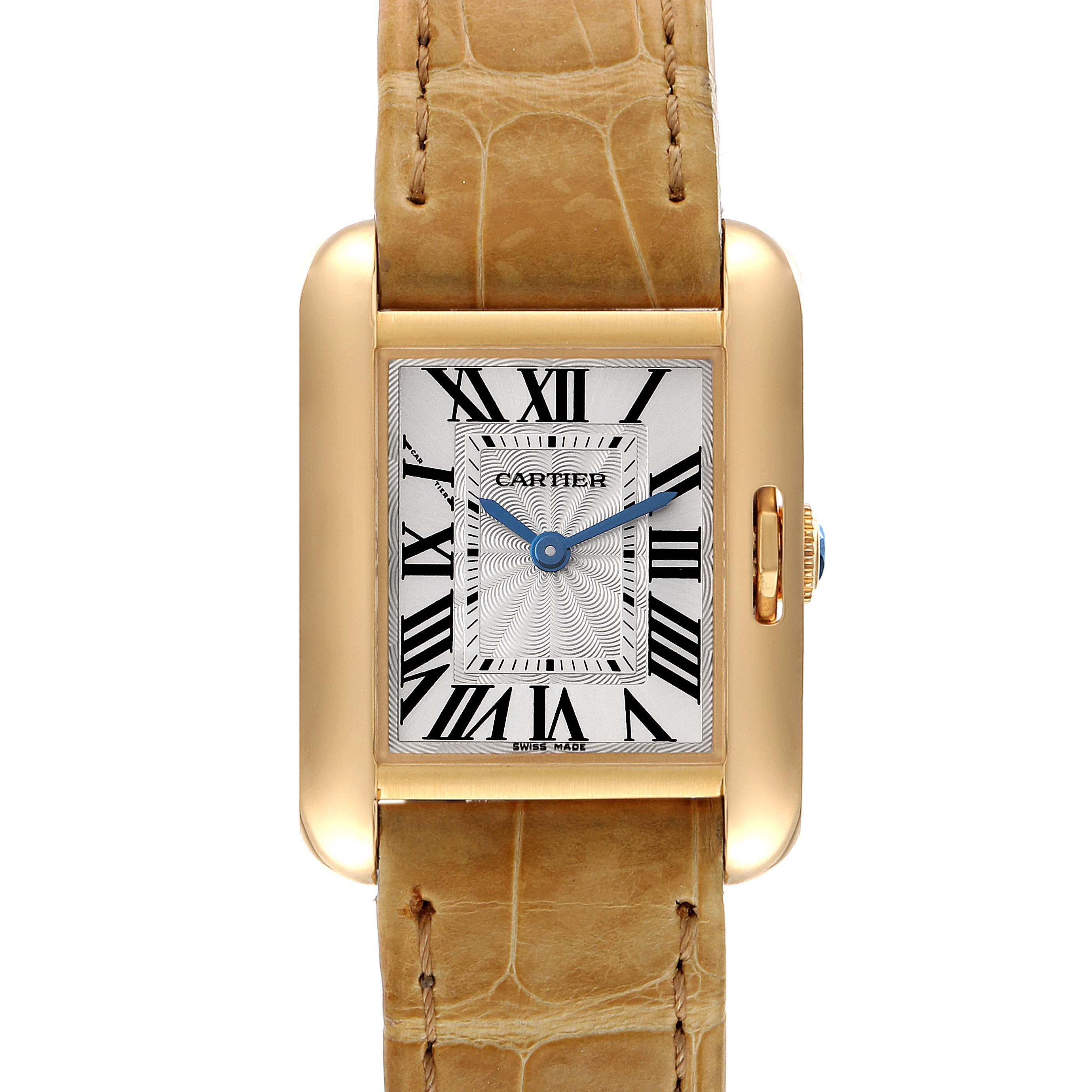 This image shows a front view of the Cartier Tank Anglaise W5310028 Women's Yellow Gold Silver Dial W5310028 Women's Yellow Gold Silver Dial watch, highlighting its rectangular face, leather strap, and crown.