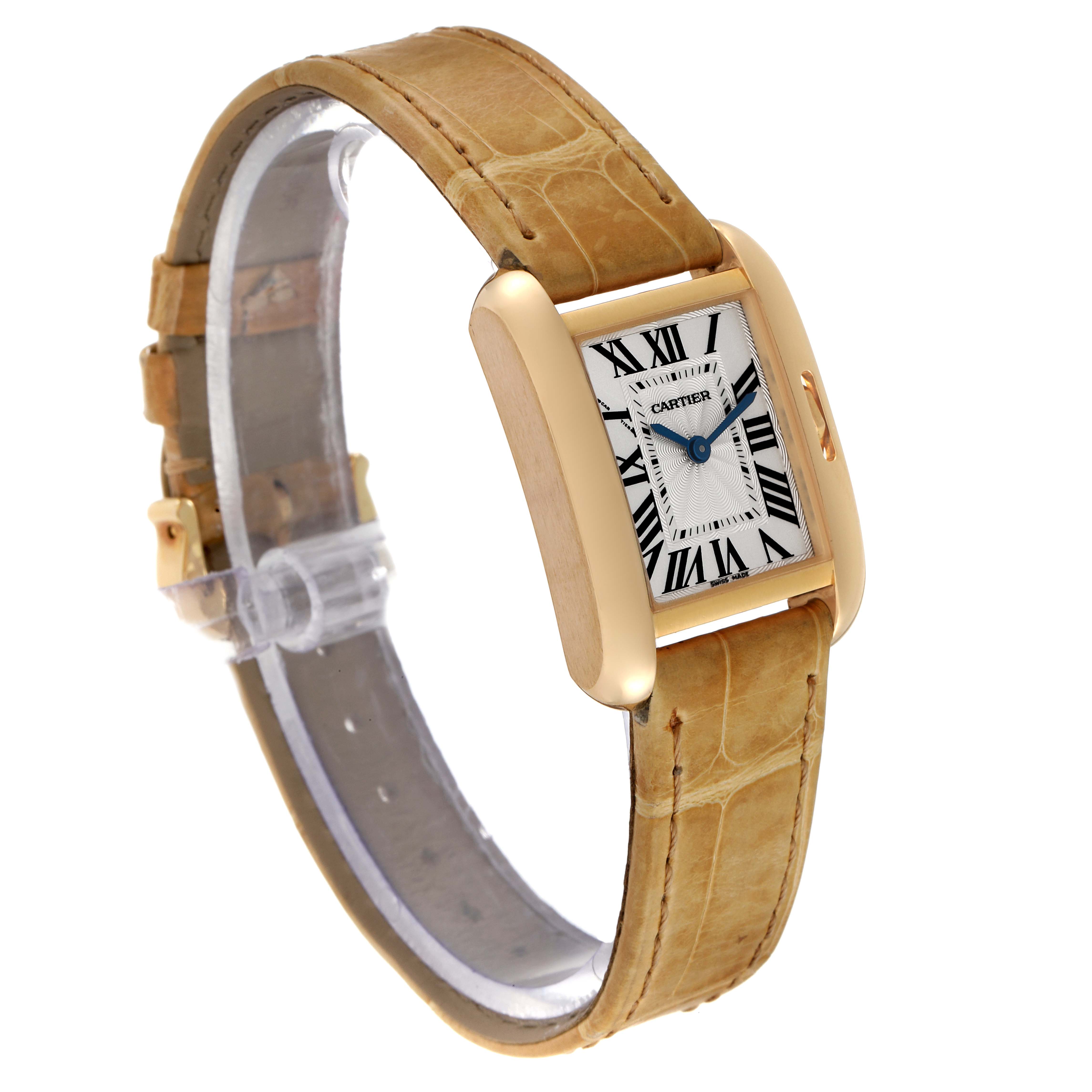 The Cartier Tank Anglaise W5310028 Women's Yellow Gold Silver Dial W5310028 Women's Yellow Gold Silver Dial watch is shown at a three-quarter angle, highlighting the face, case, and leather strap.