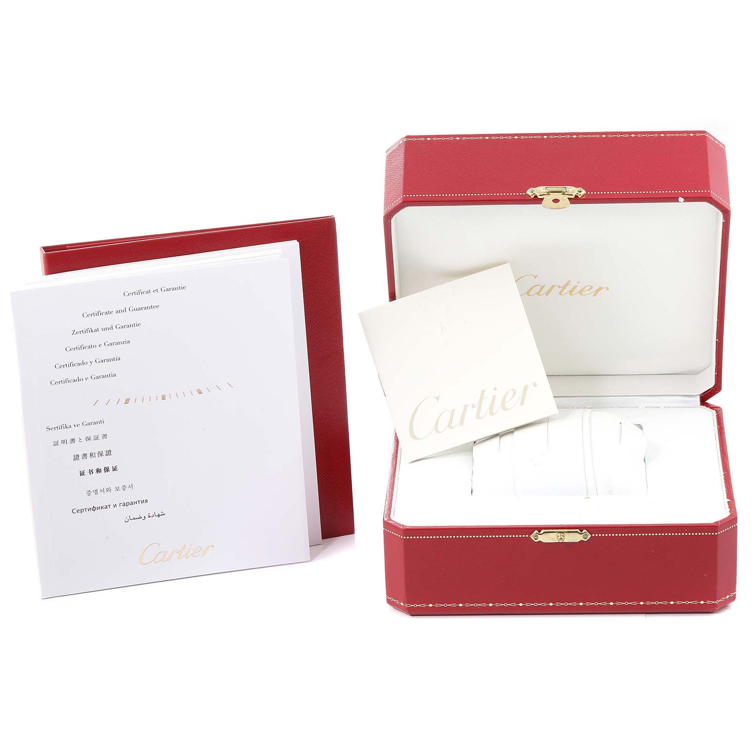 The image shows the packaging and warranty booklets of a Cartier Tank Anglaise W5310028 Women's Yellow Gold Silver Dial W5310028 Women's Yellow Gold Silver Dial watch, including its red case and documents.