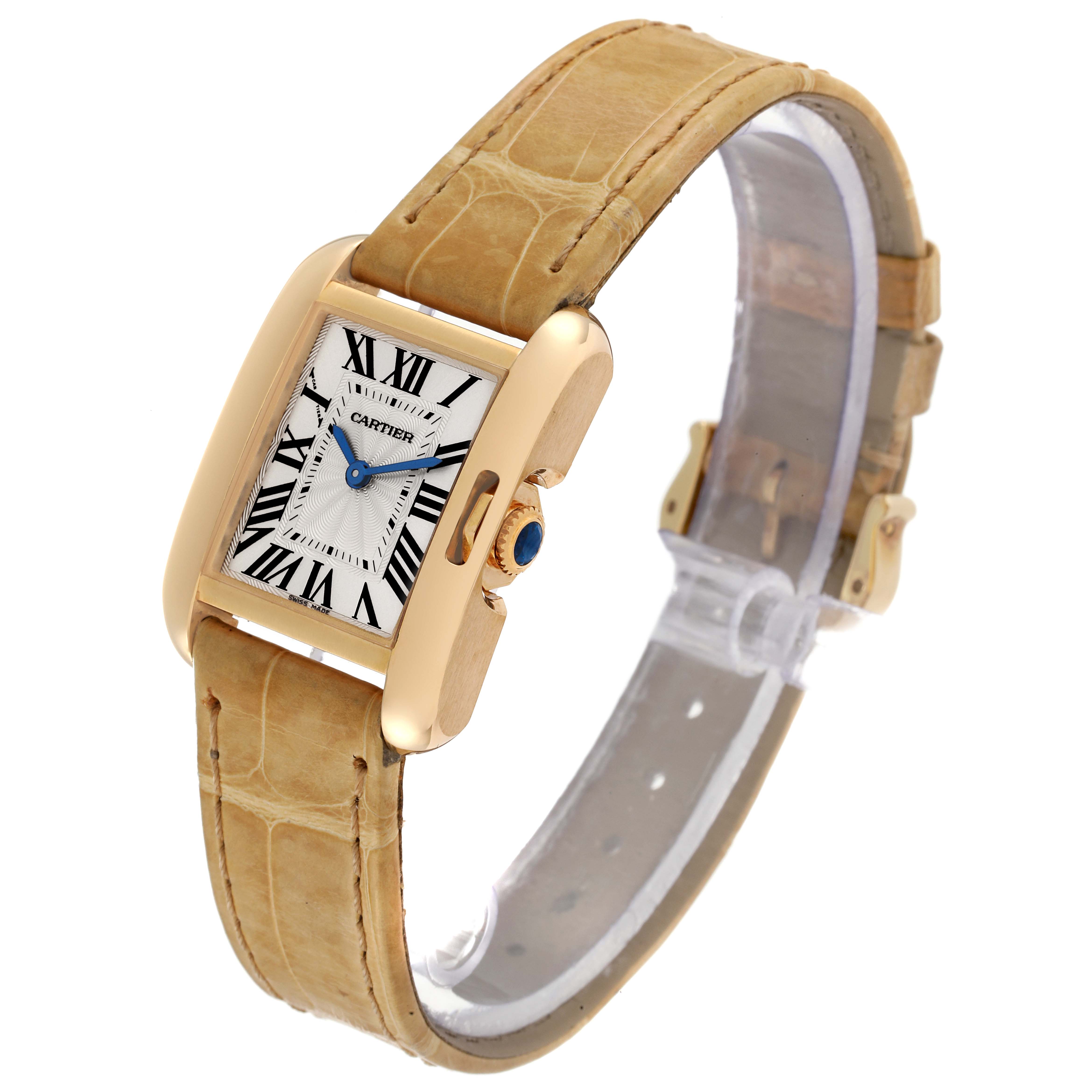The image shows a Cartier Tank Anglaise W5310028 Women's Yellow Gold Silver Dial W5310028 Women's Yellow Gold Silver Dial watch in a three-quarter angle emphasizing the dial, case, and beige leather strap.