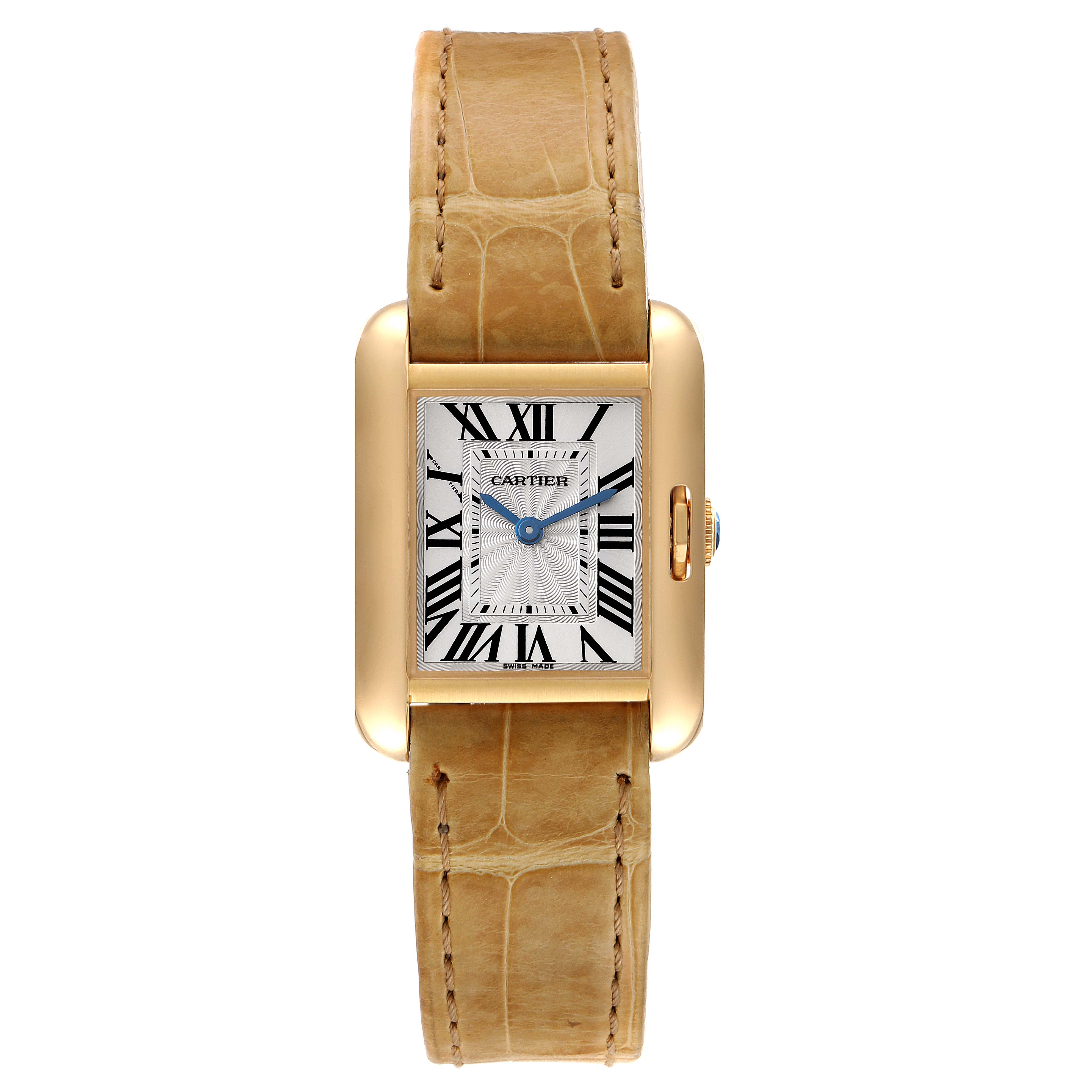 The image shows a Cartier Tank Anglaise W5310028 Women's Yellow Gold Silver Dial W5310028 Women's Yellow Gold Silver Dial watch from the front, featuring a rectangular dial and a light brown leather strap.