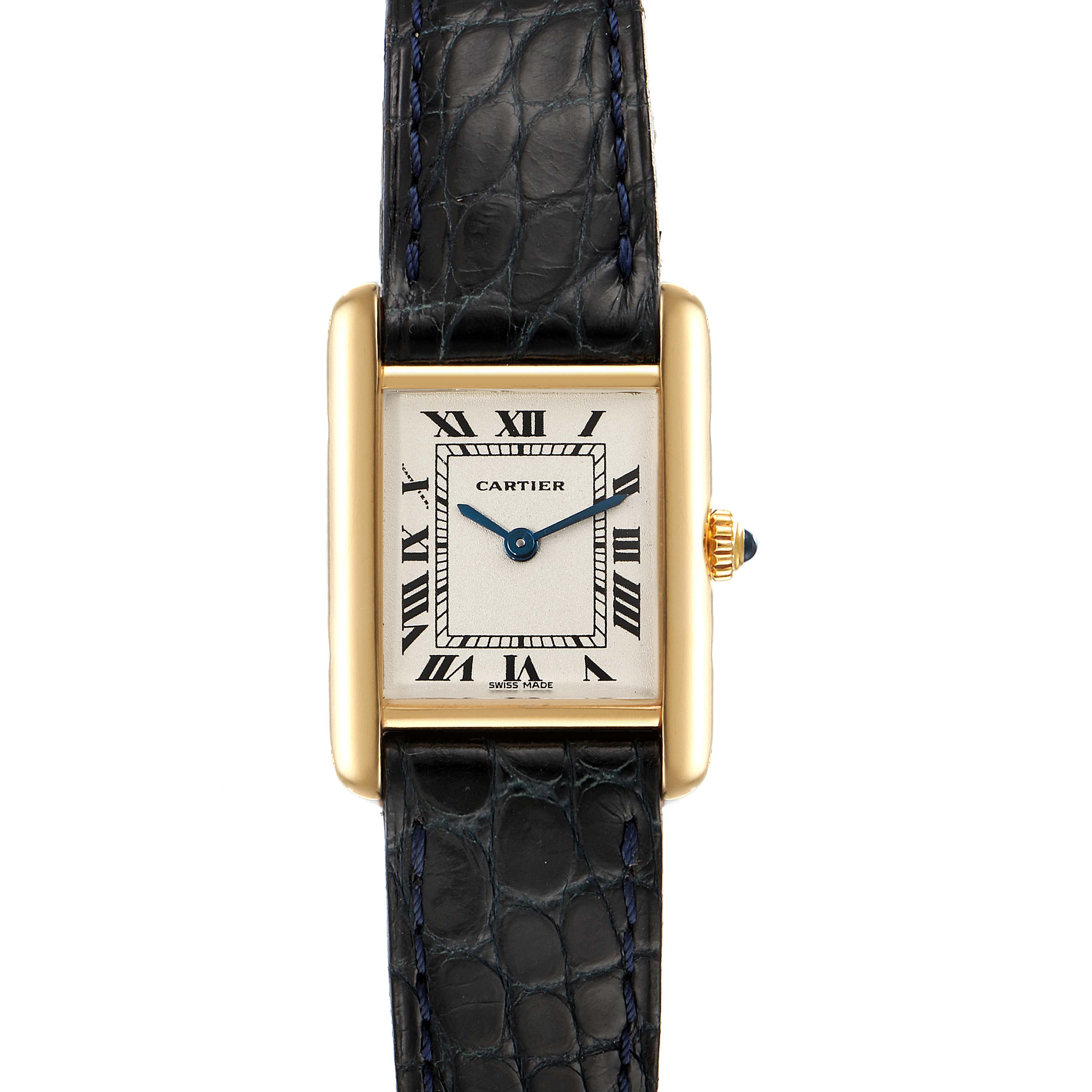 The Cartier Tank Classic Women's Yellow Gold White Dial Women's Yellow Gold White Dial model watch is shown from the front, displaying the face, hands, case, and leather strap.
