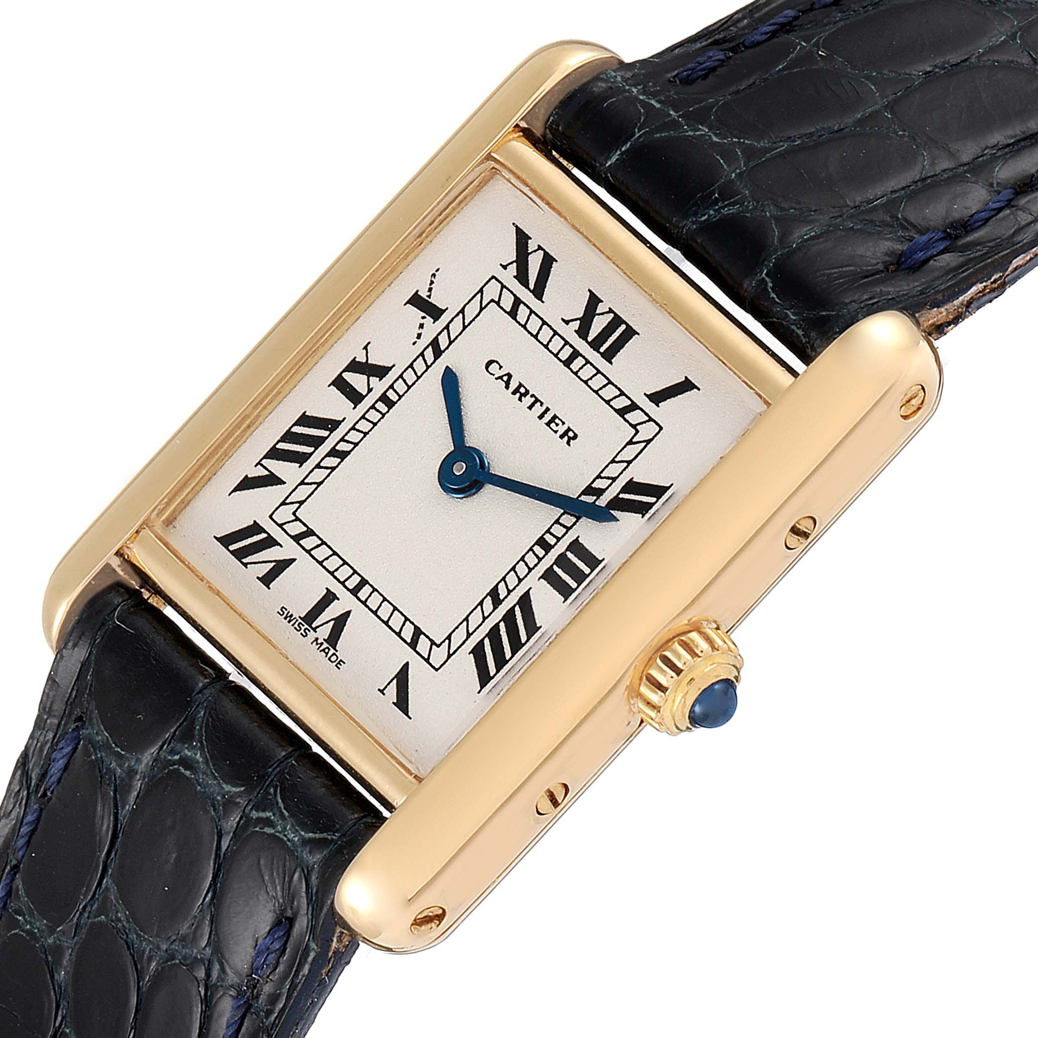 The image shows a close-up, angled view of the Tank Classic model watch by Cartier, highlighting the dial, hands, and part of the strap.