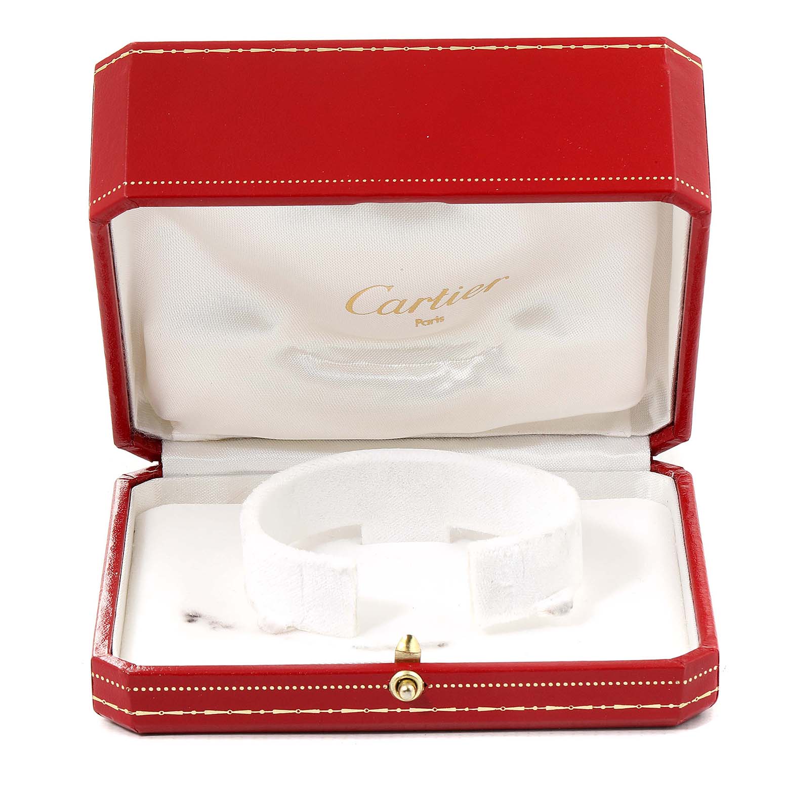 The image shows an open red Cartier box for the Tank Classic model, displayed from a front angle, with a watch holder inside.