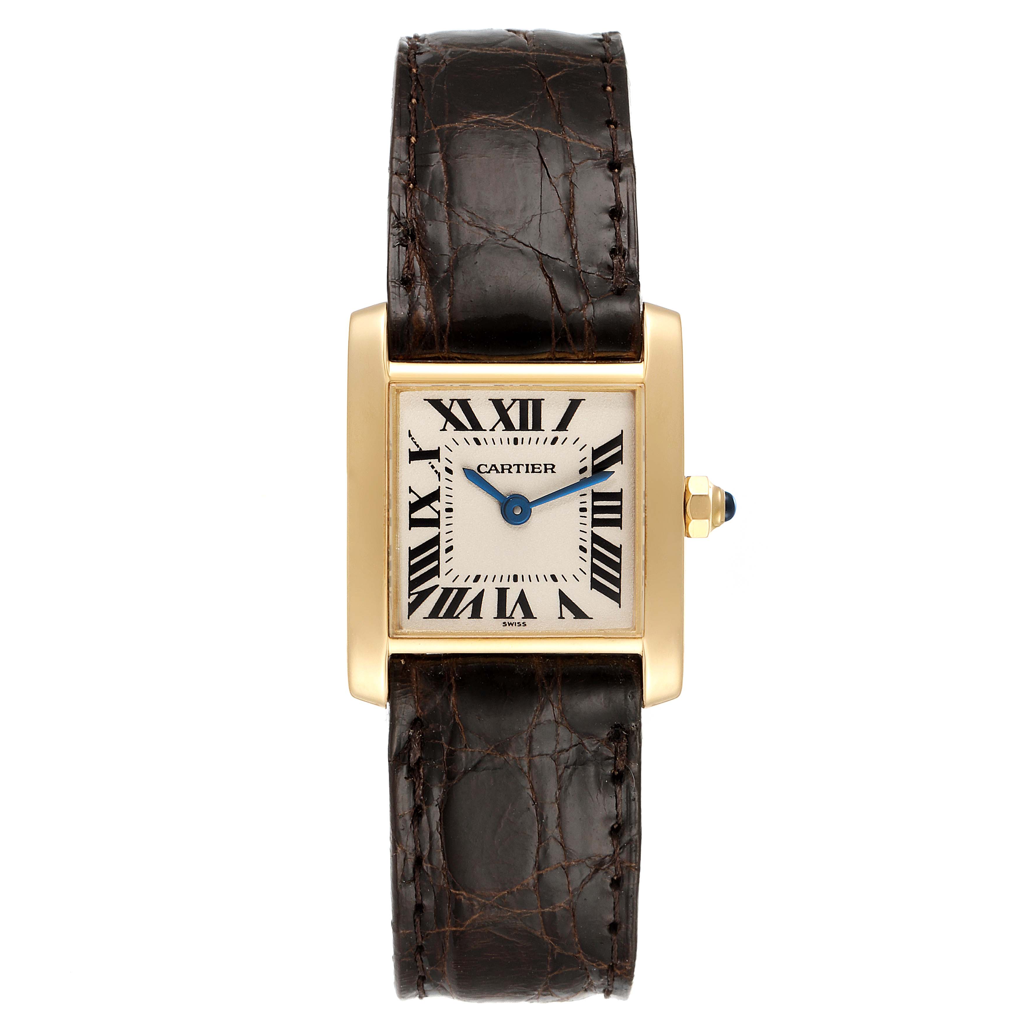 This image shows a Cartier Tank Francaise W5000256 Women's Yellow Gold Silver Dial W5000256 Women's Yellow Gold Silver Dial watch from a top-down angle, featuring its face, bezel, crown, and leather strap.