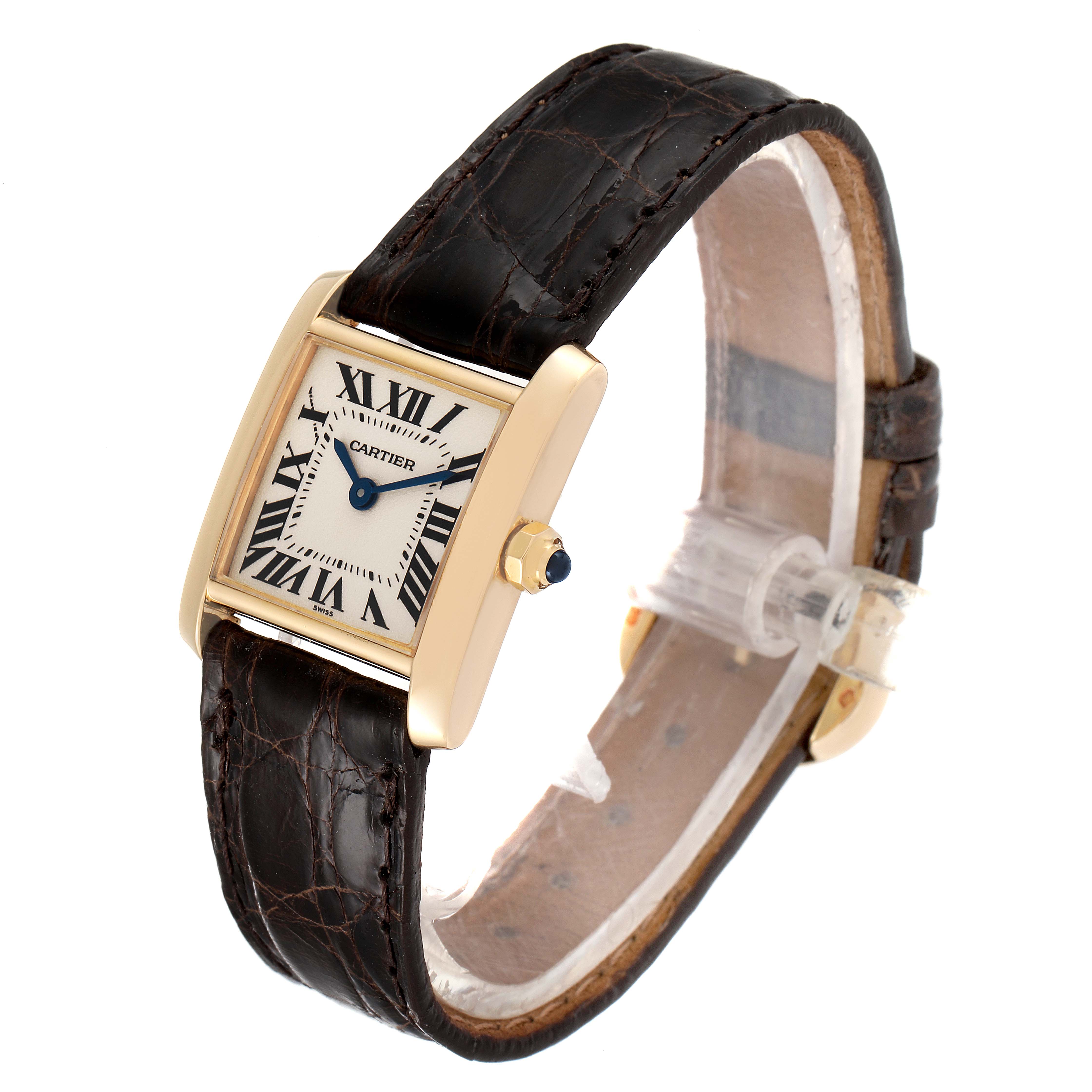 The image shows a Cartier Tank Francaise W5000256 Women's Yellow Gold Silver Dial W5000256 Women's Yellow Gold Silver Dial watch from a front angle, displaying its face, case, and leather strap.
