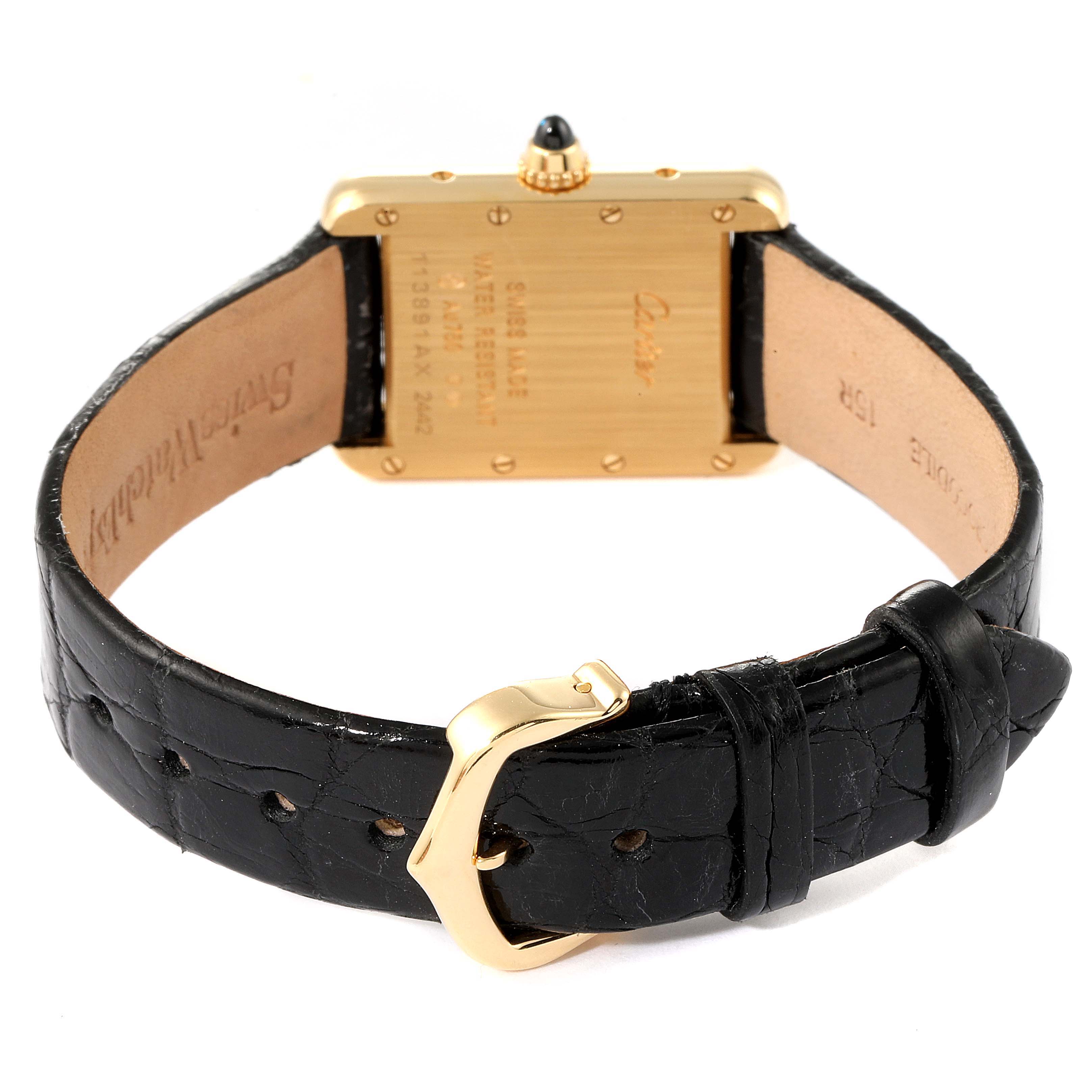 The image shows the back and strap of a Cartier Tank Louis W1529856 Women's Yellow Gold Silver Dial W1529856 Women's Yellow Gold Silver Dial watch, featuring a black leather strap and a gold buckle.