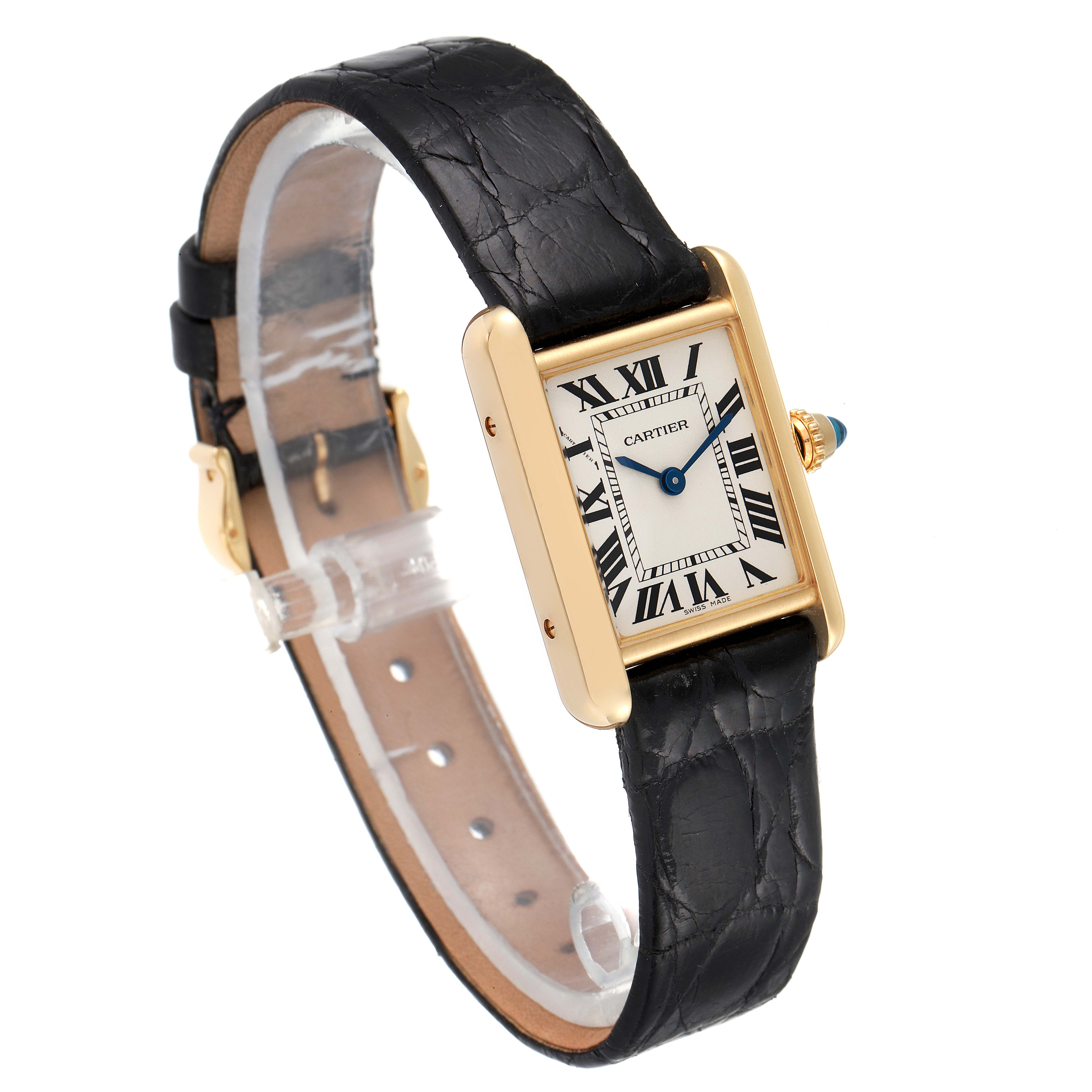The image shows a Cartier Tank Louis W1529856 Women's Yellow Gold Silver Dial W1529856 Women's Yellow Gold Silver Dial watch featuring a gold rectangular case, black leather strap, and Roman numeral dial, captured at an angled side view.