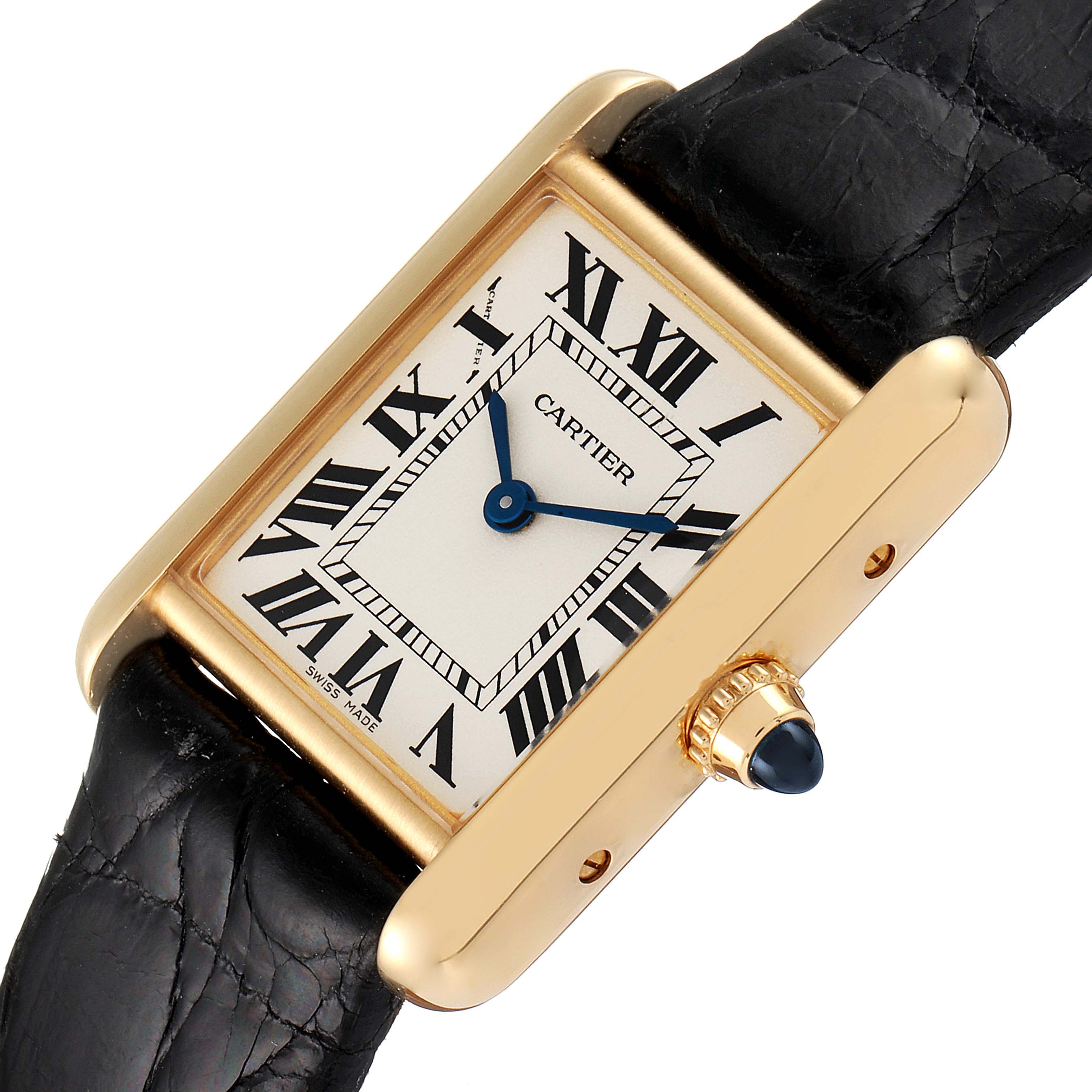 This image shows a close-up, angled view of a Cartier Tank Louis W1529856 Women's Yellow Gold Silver Dial W1529856 Women's Yellow Gold Silver Dial watch's face, crown, and black leather strap.