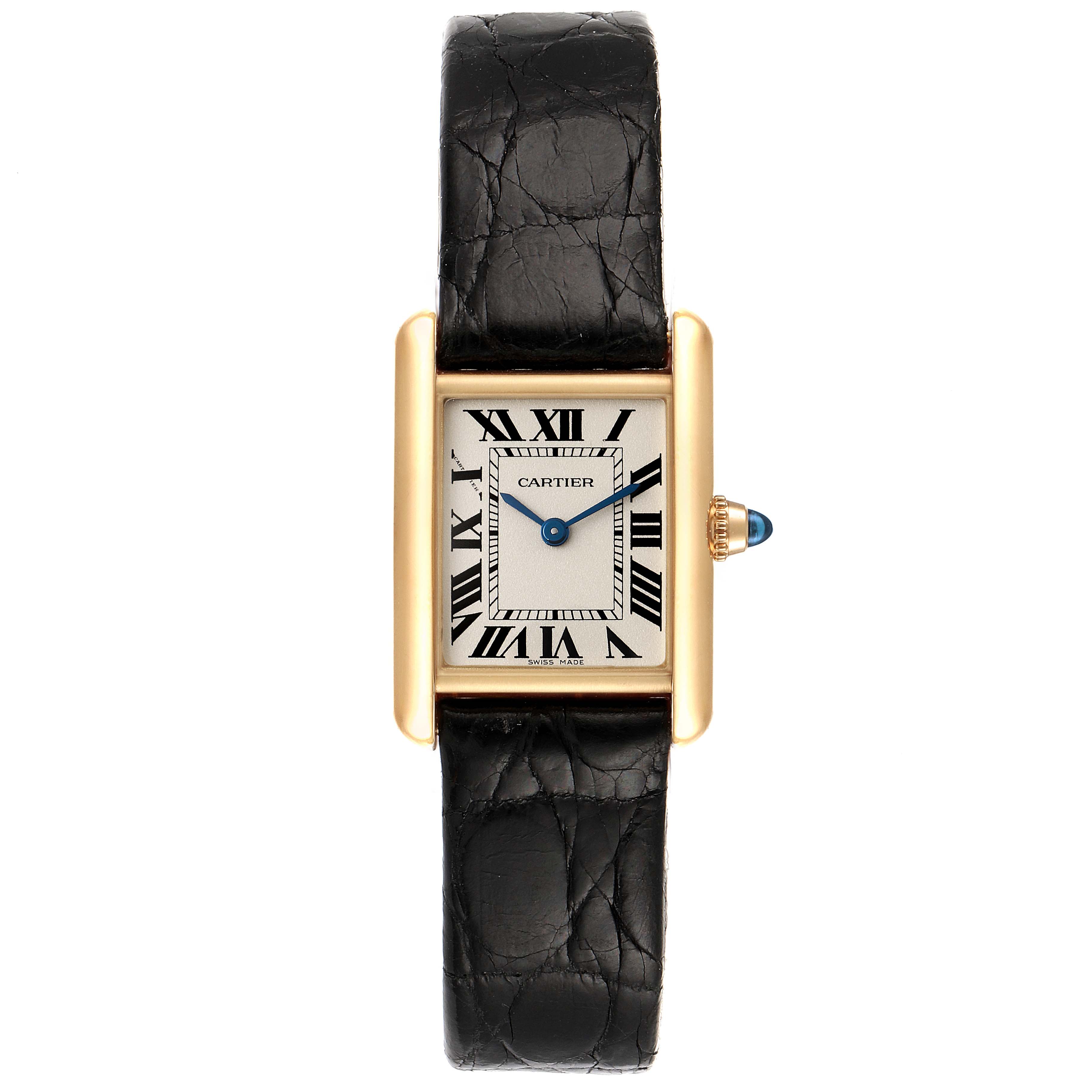The image shows a front view of the Cartier Tank Louis W1529856 Women's Yellow Gold Silver Dial W1529856 Women's Yellow Gold Silver Dial model watch, featuring its black leather strap and rectangular dial.