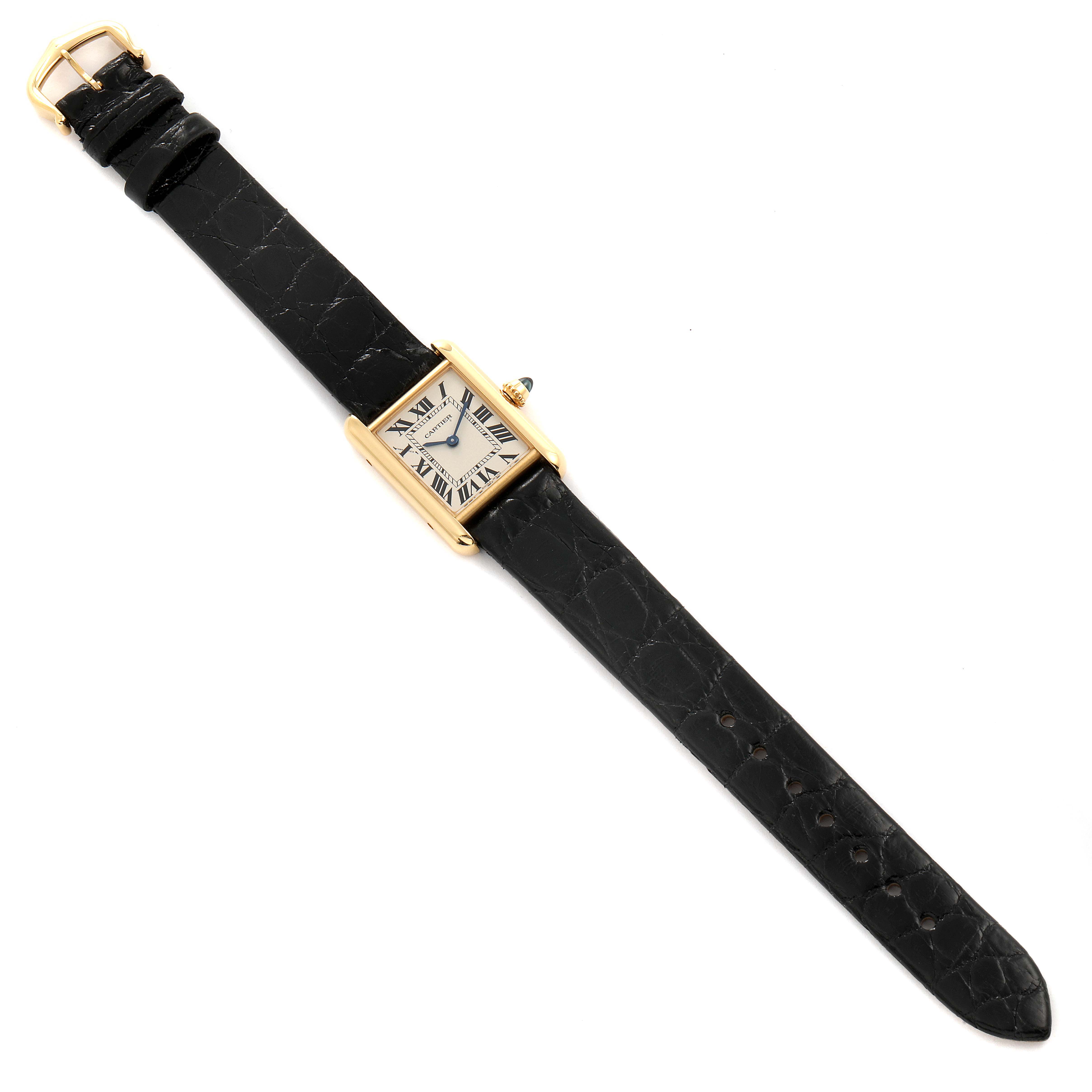 The image shows a Cartier Tank Louis W1529856 Women's Yellow Gold Silver Dial W1529856 Women's Yellow Gold Silver Dial model watch from a top view, displaying its face, strap, and buckle.