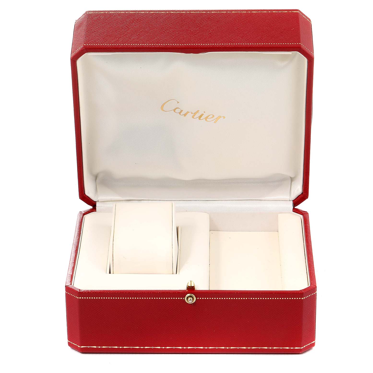 This image shows an open red Cartier box for the Tank Louis model watch.