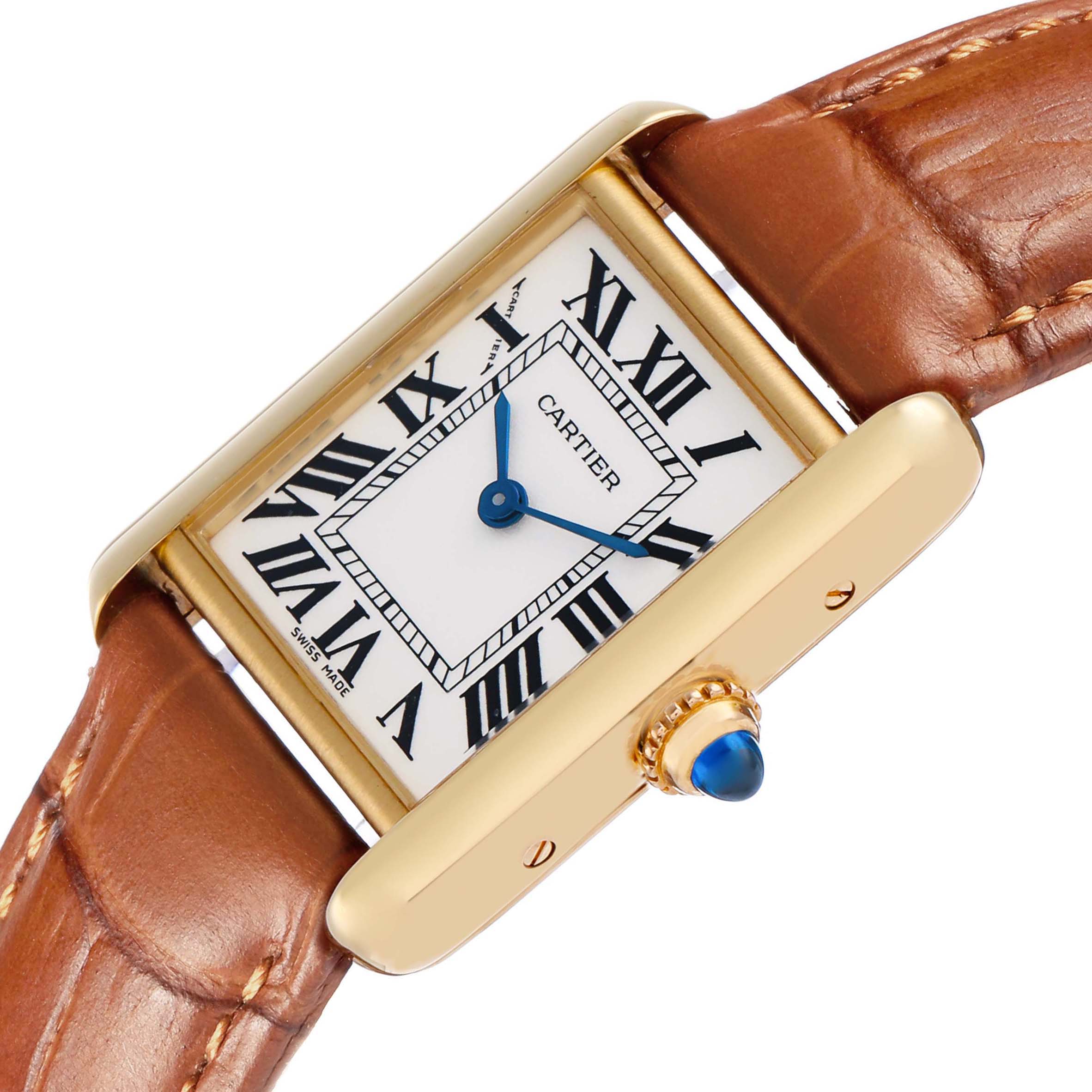 The Cartier Tank Louis W1529856 Women's Yellow Gold Silver Dial watch is shown at an angle displaying the dial, bezel, crown with a blue cabochon, and brown leather strap.