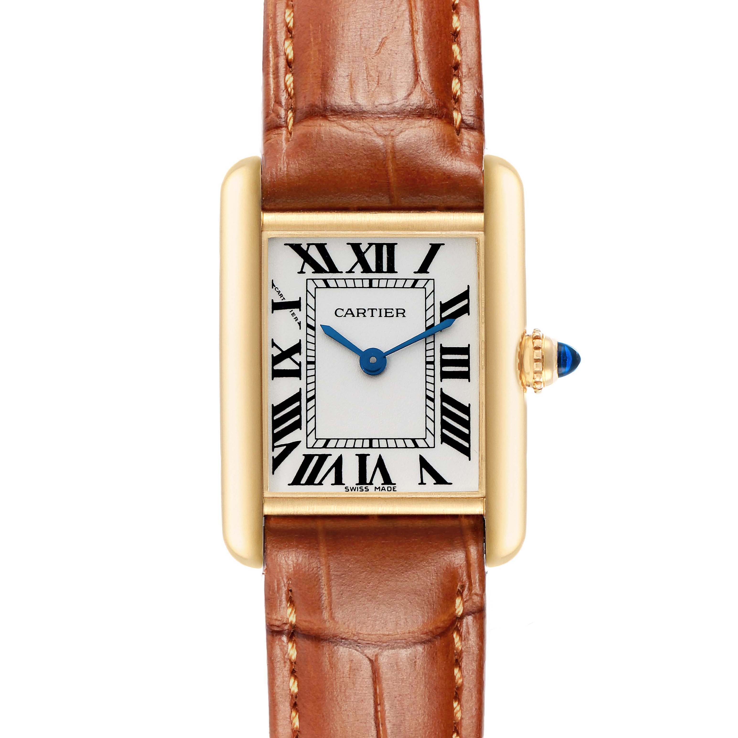 The Cartier Tank Louis W1529856 Women's Yellow Gold Silver Dial watch is shown from a top-down angle, highlighting its rectangular face, Roman numerals, blue hands, and leather strap.