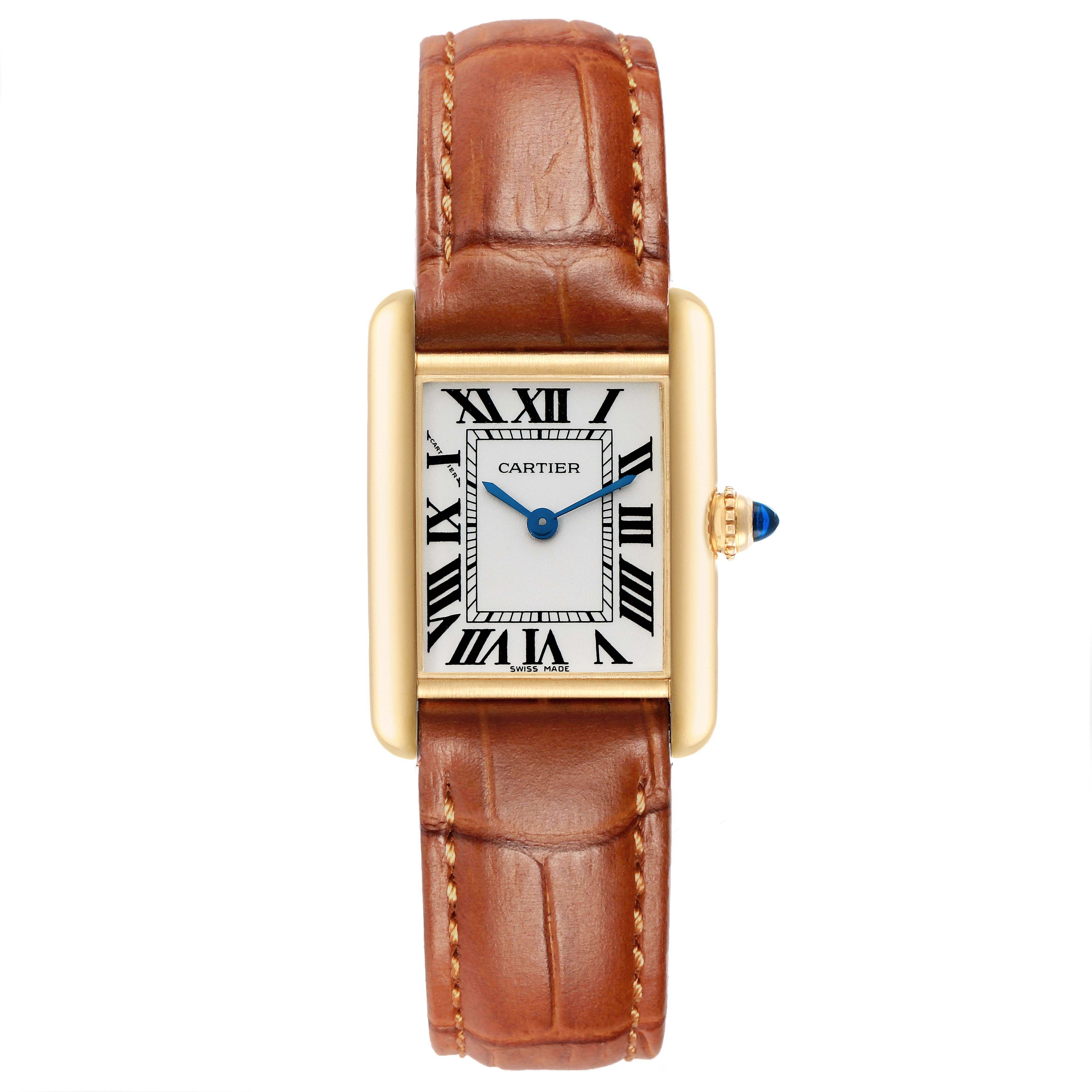 The Cartier Tank Louis W1529856 Women's Yellow Gold Silver Dial watch is shown from a top view, displaying its rectangular face, Roman numerals, and brown leather strap.