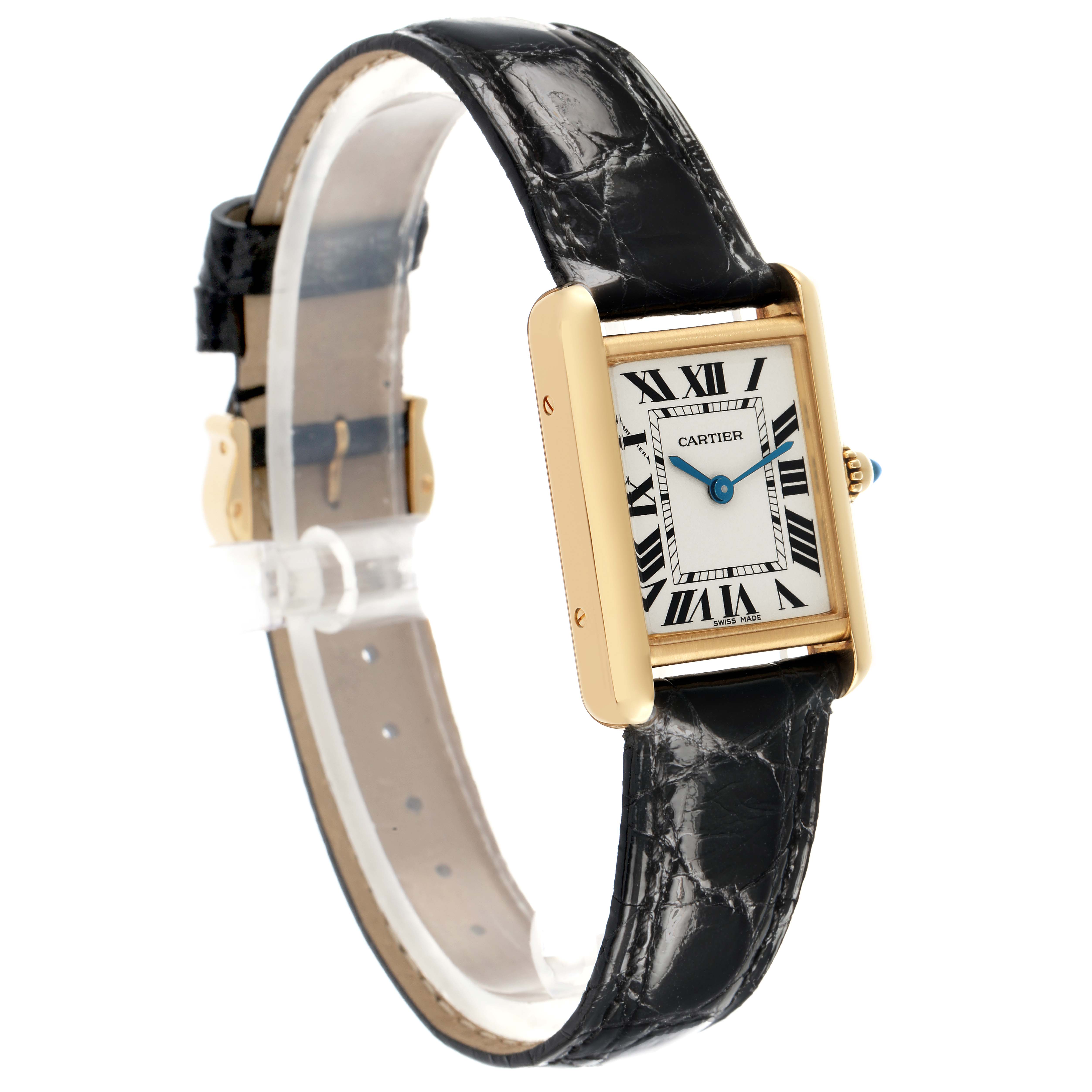 The Cartier Tank Louis W1529856 Women's Yellow Gold Silver Dial watch is shown at a slight angle, highlighting the rectangular dial, gold case, and black leather strap.