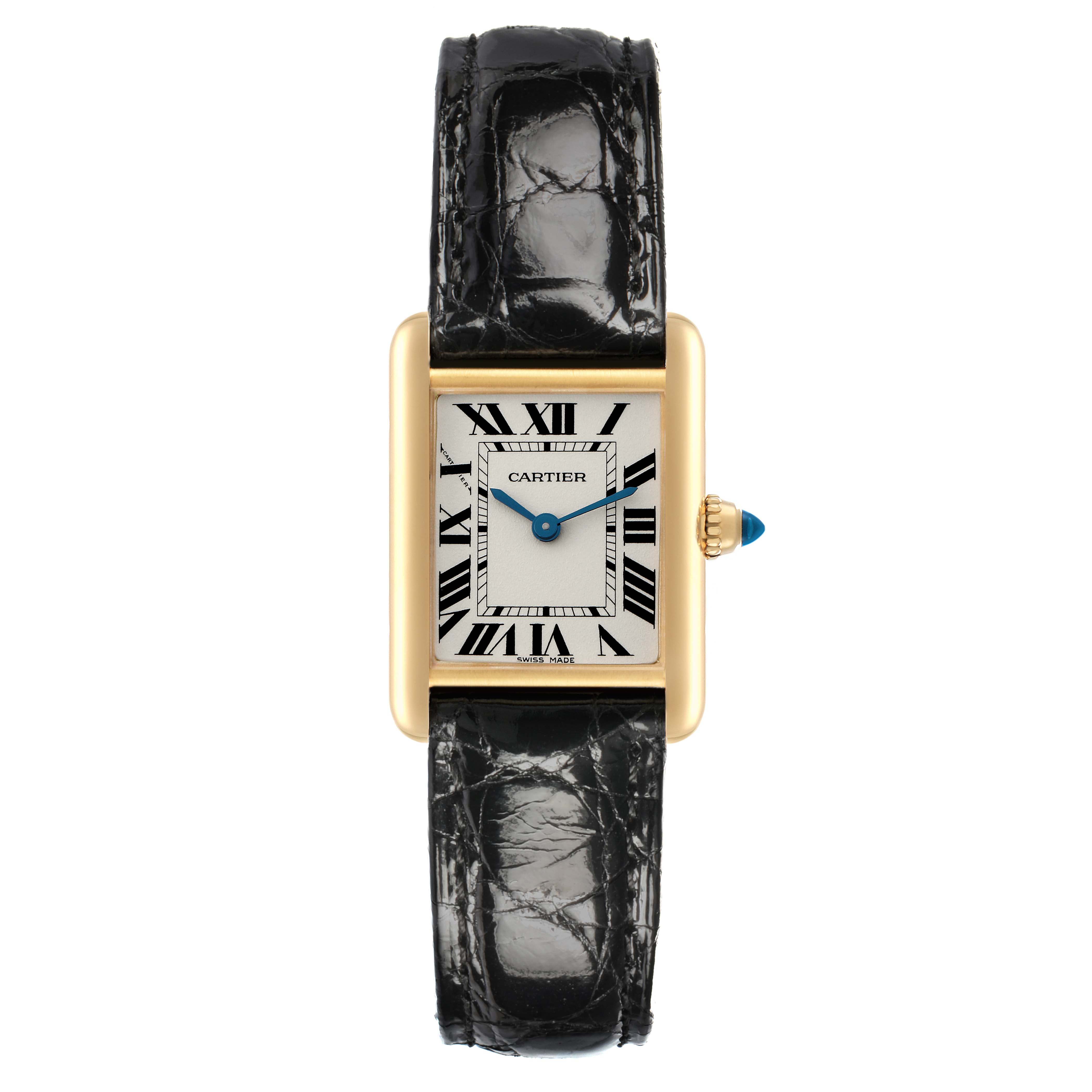 The Cartier Tank Louis W1529856 Women's Yellow Gold Silver Dial model is shown from a top-down angle, highlighting its rectangular face, Roman numerals, and leather strap.