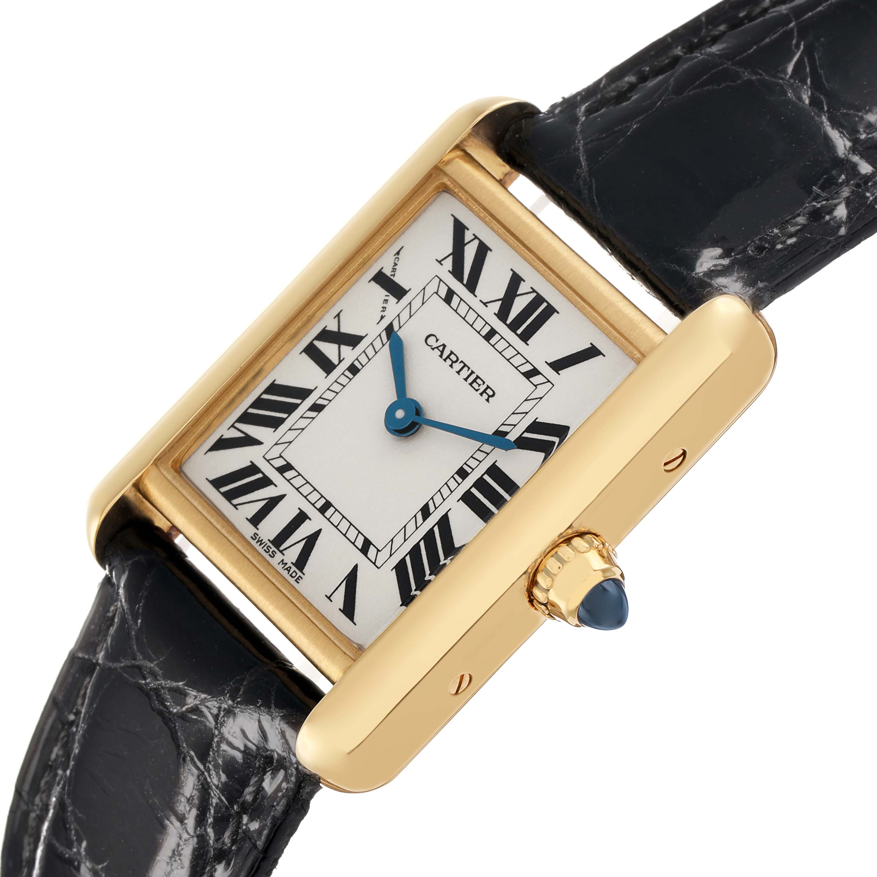 The Cartier Tank Louis W1529856 Women's Yellow Gold Silver Dial watch is shown at an angled side view, highlighting the case, crown with blue cabochon, and leather strap.