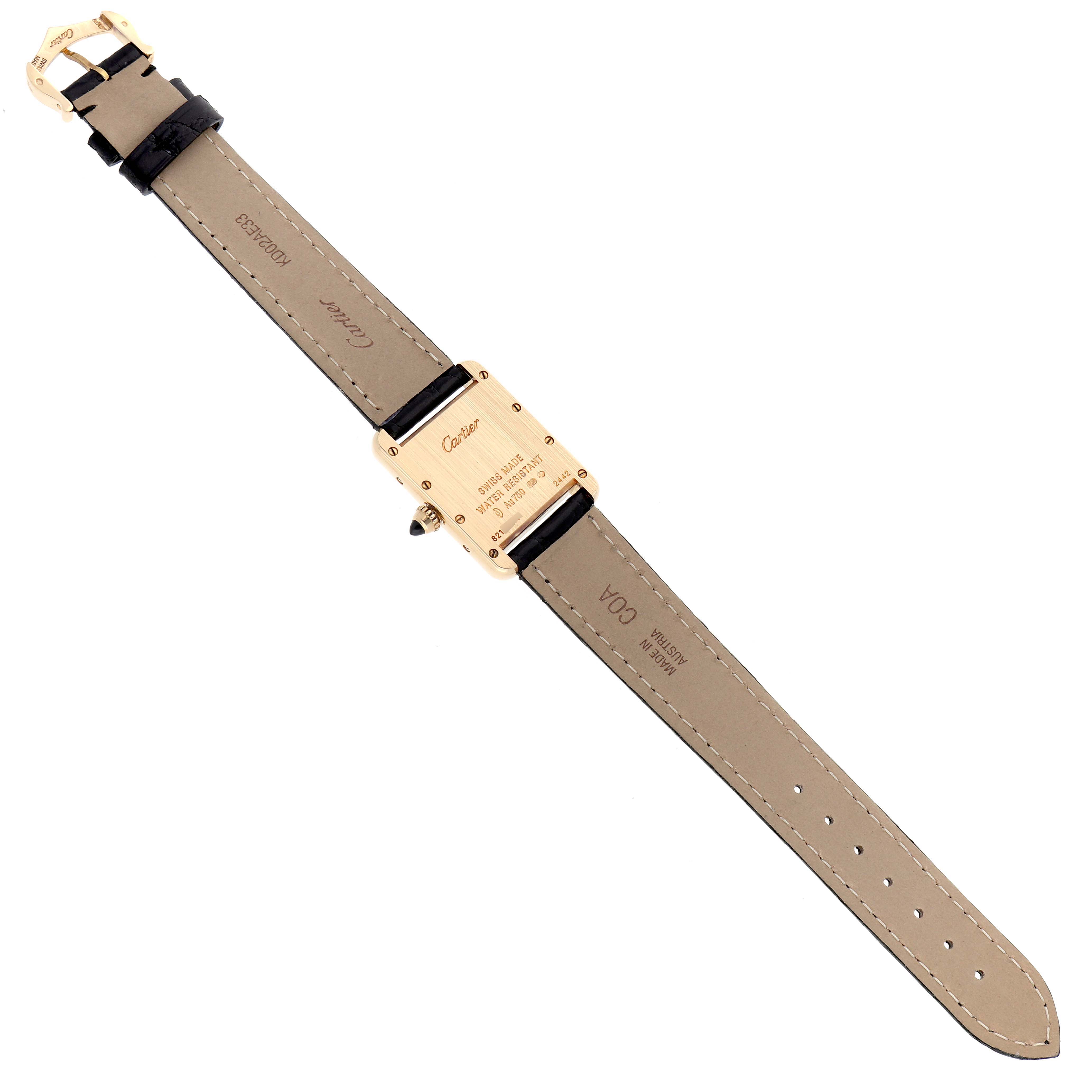 The image shows the back of a Cartier Tank Louis W1529856 Women's Yellow Gold Silver Dial watch, highlighting the case back, strap, and buckle.