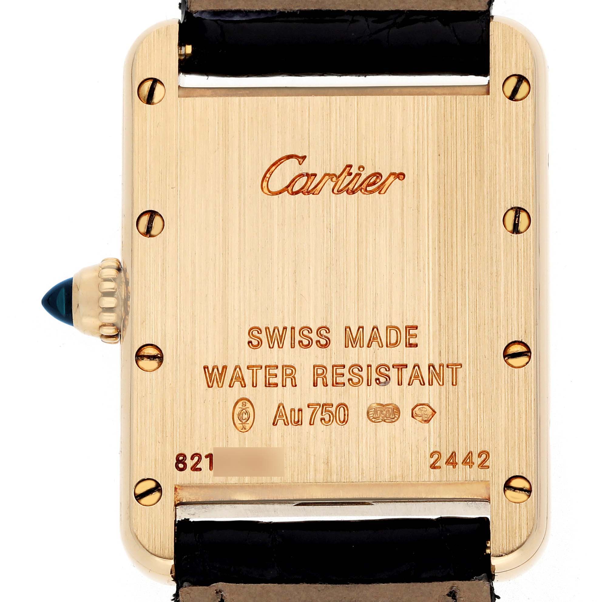 The image shows the back of a Cartier Tank Louis W1529856 Women's Yellow Gold Silver Dial watch, highlighting the markings, crown, and strap attachment.