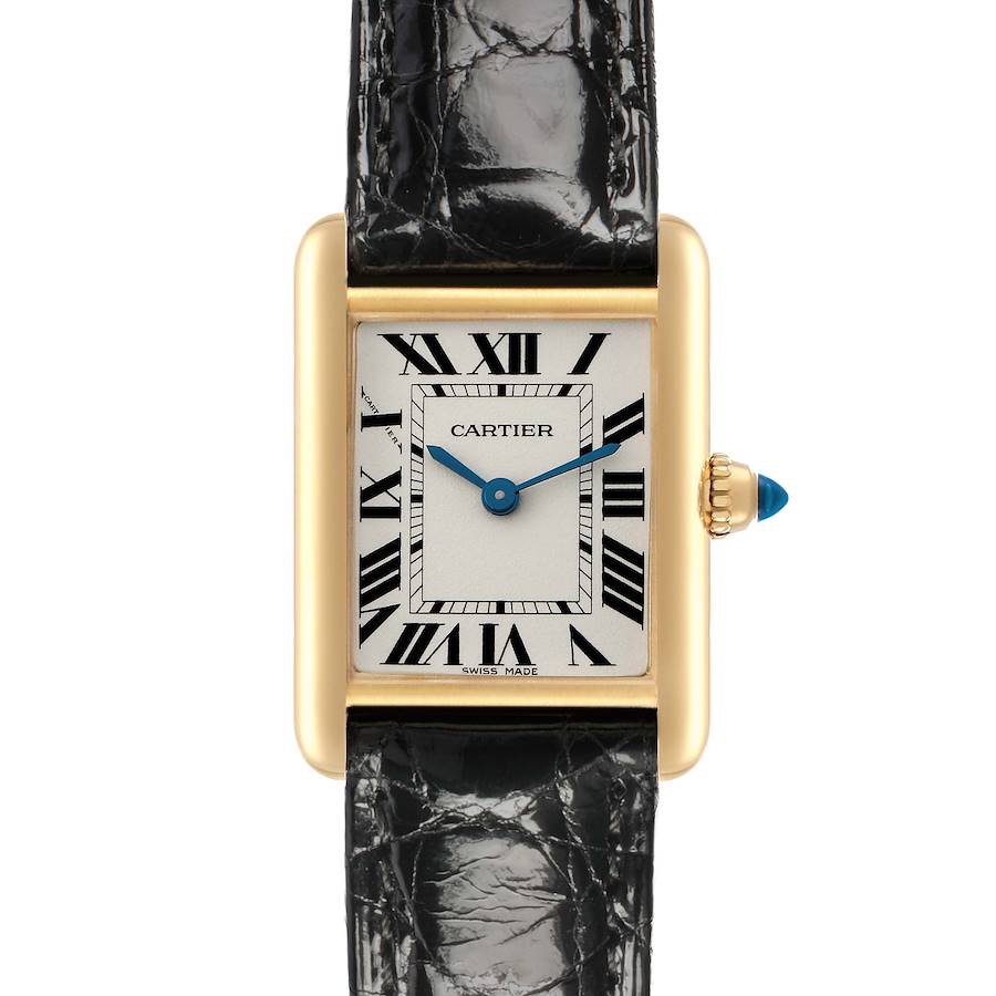 The Cartier Tank Louis W1529856 Women's Yellow Gold Silver Dial watch is shown from a top-down angle, displaying the face, Roman numerals, blue hands, and black strap.