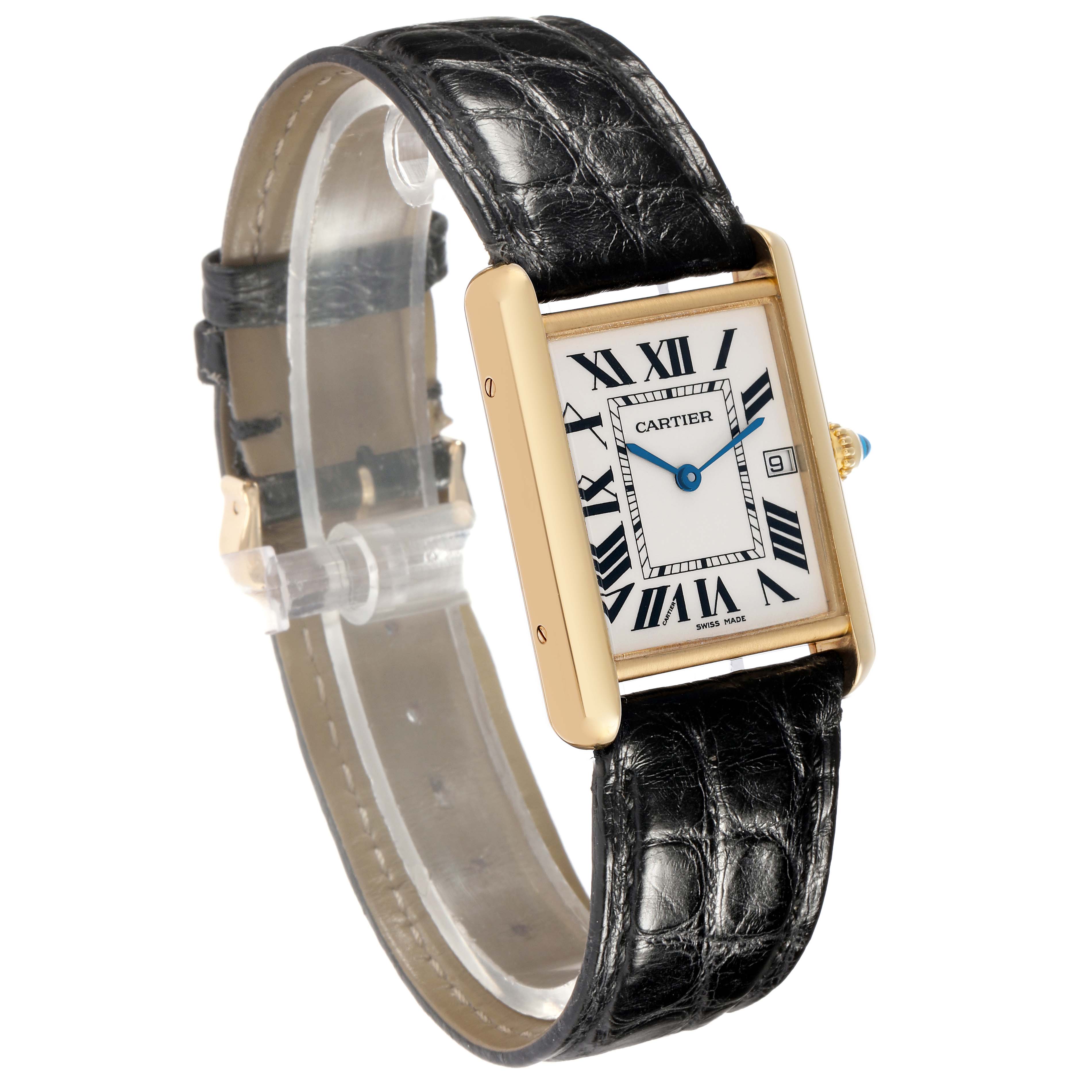 The Cartier Tank Louis W1529756 Men's Yellow Gold Silver Dial watch is shown at an angle highlighting the face, crown, and black leather strap.