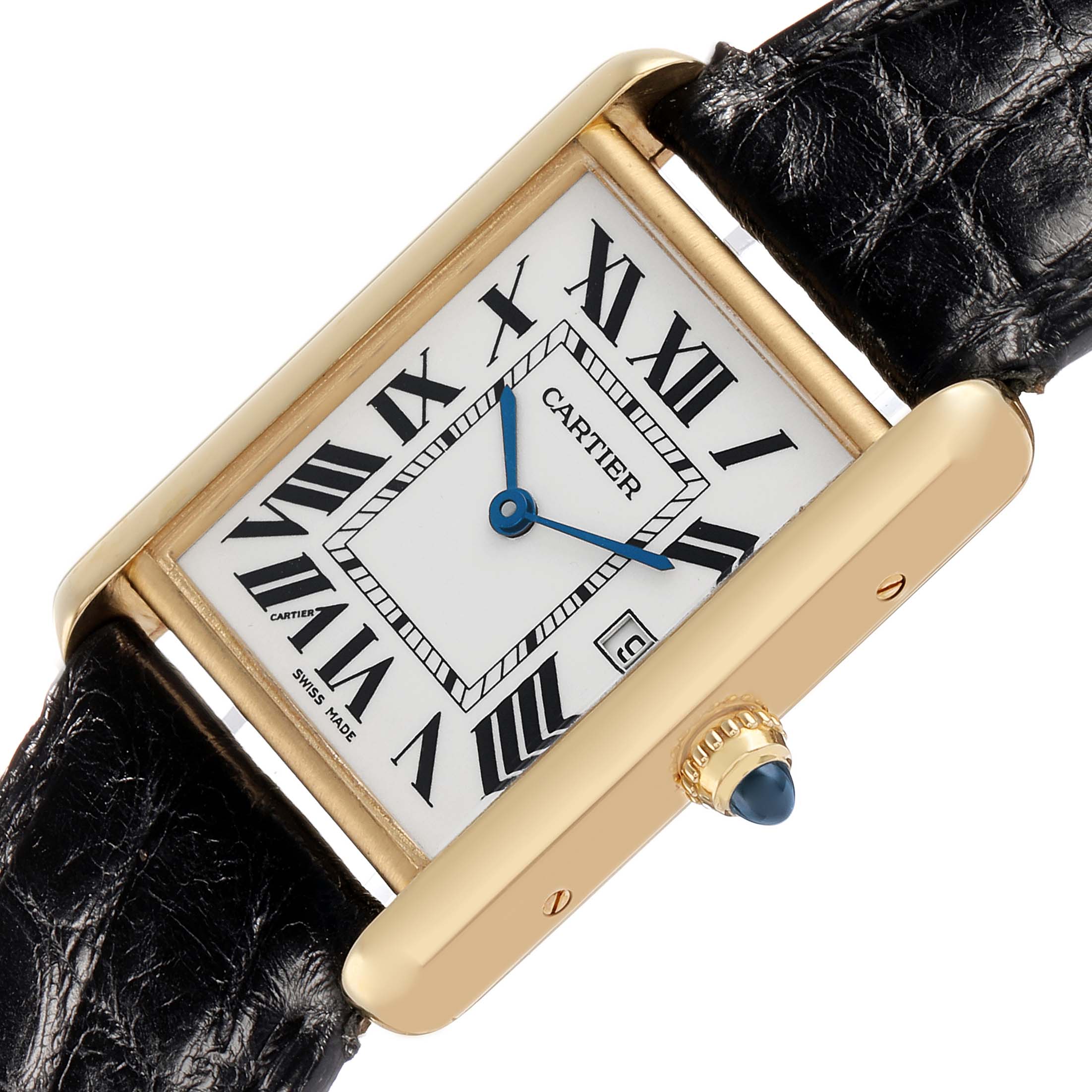 The Cartier Tank Louis W1529756 Men's Yellow Gold Silver Dial watch is shown at an angled view highlighting its rectangular dial, gold case, leather strap, and blue sapphire crown.