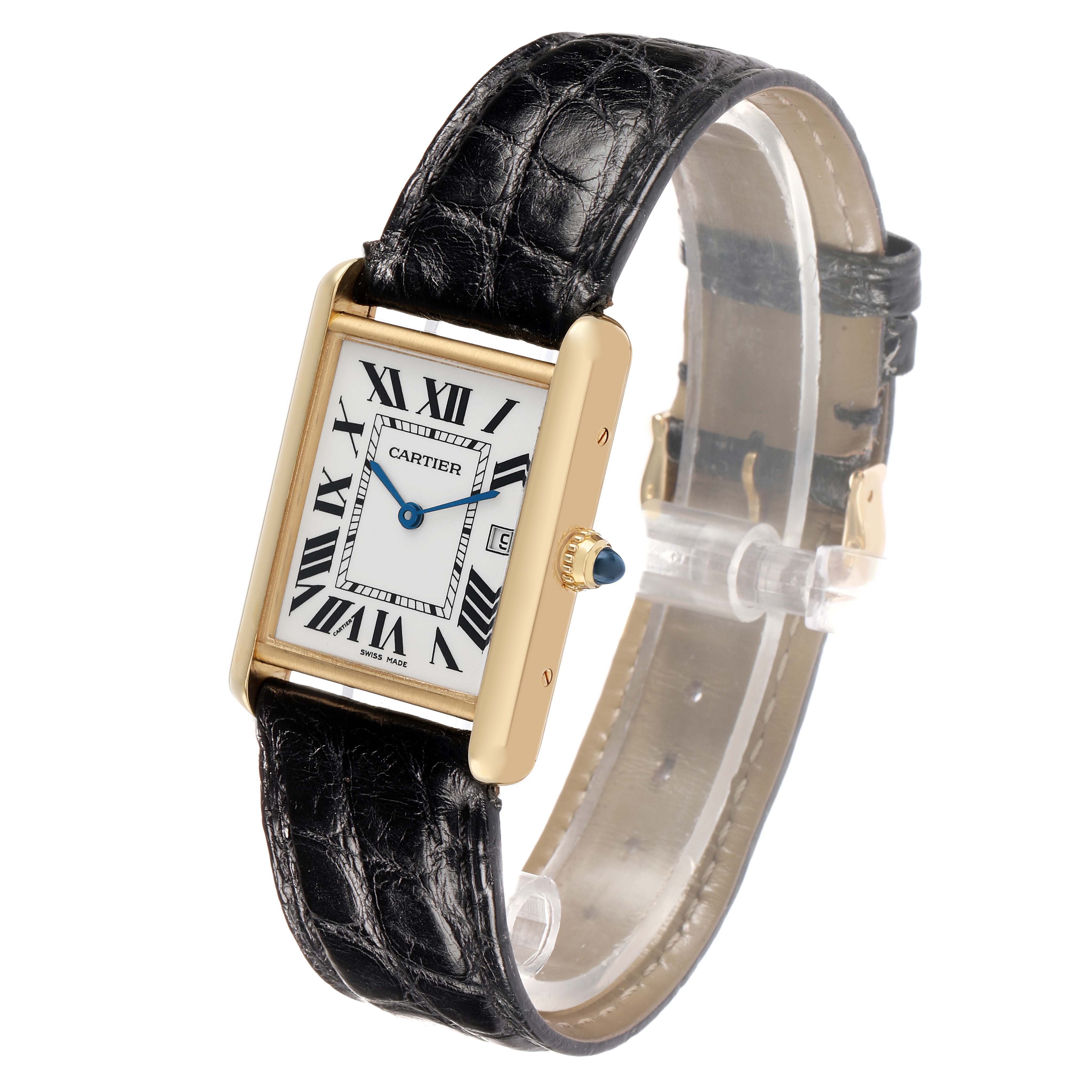 The Cartier Tank Louis W1529756 Men's Yellow Gold Silver Dial watch is angled to show its elegant rectangular face, gold casing, Roman numerals, and black leather strap.