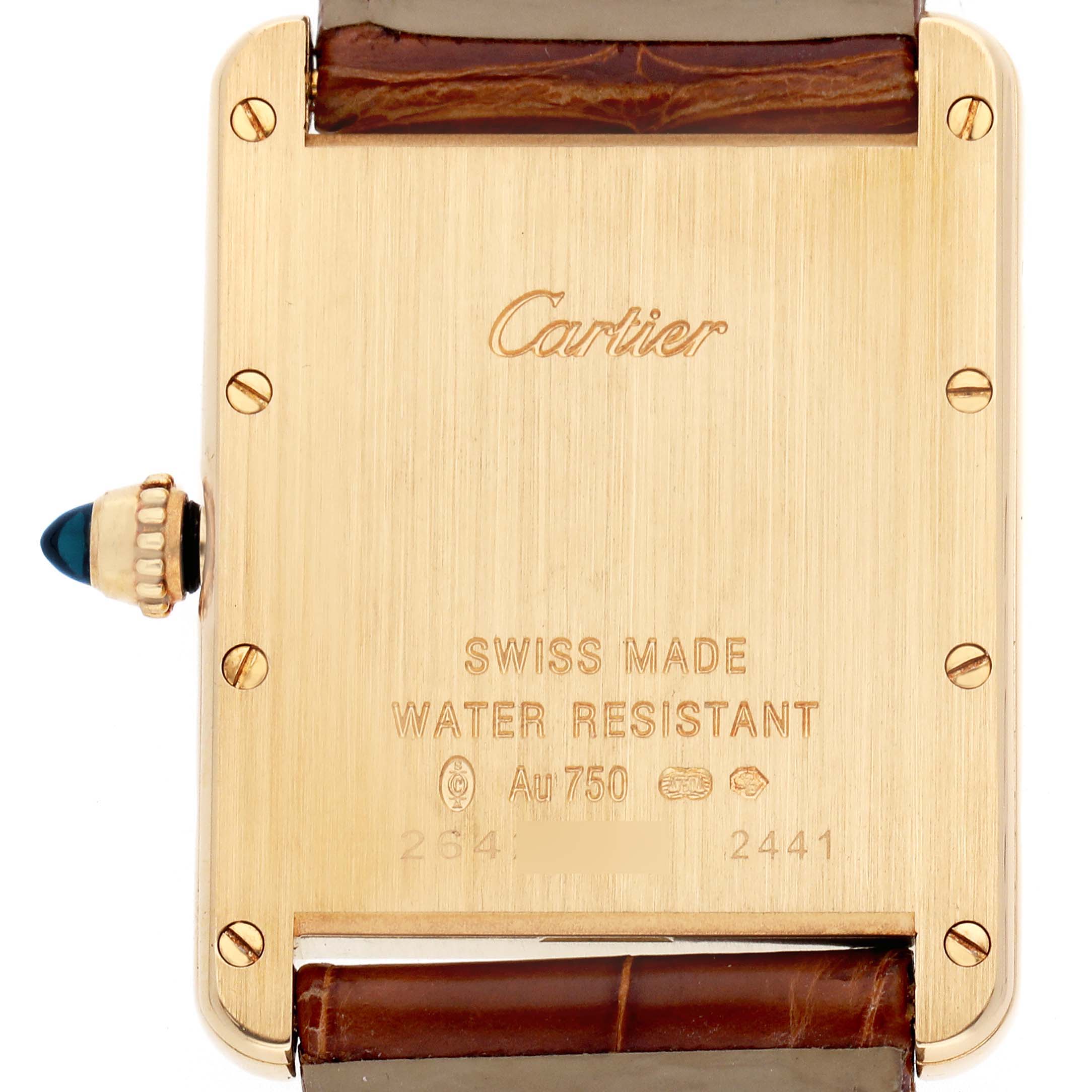 The image shows the back of a Cartier Tank Louis W1529756 Men's Yellow Gold Silver Dial watch, highlighting its markings, engravings, and crown with a blue cabochon.