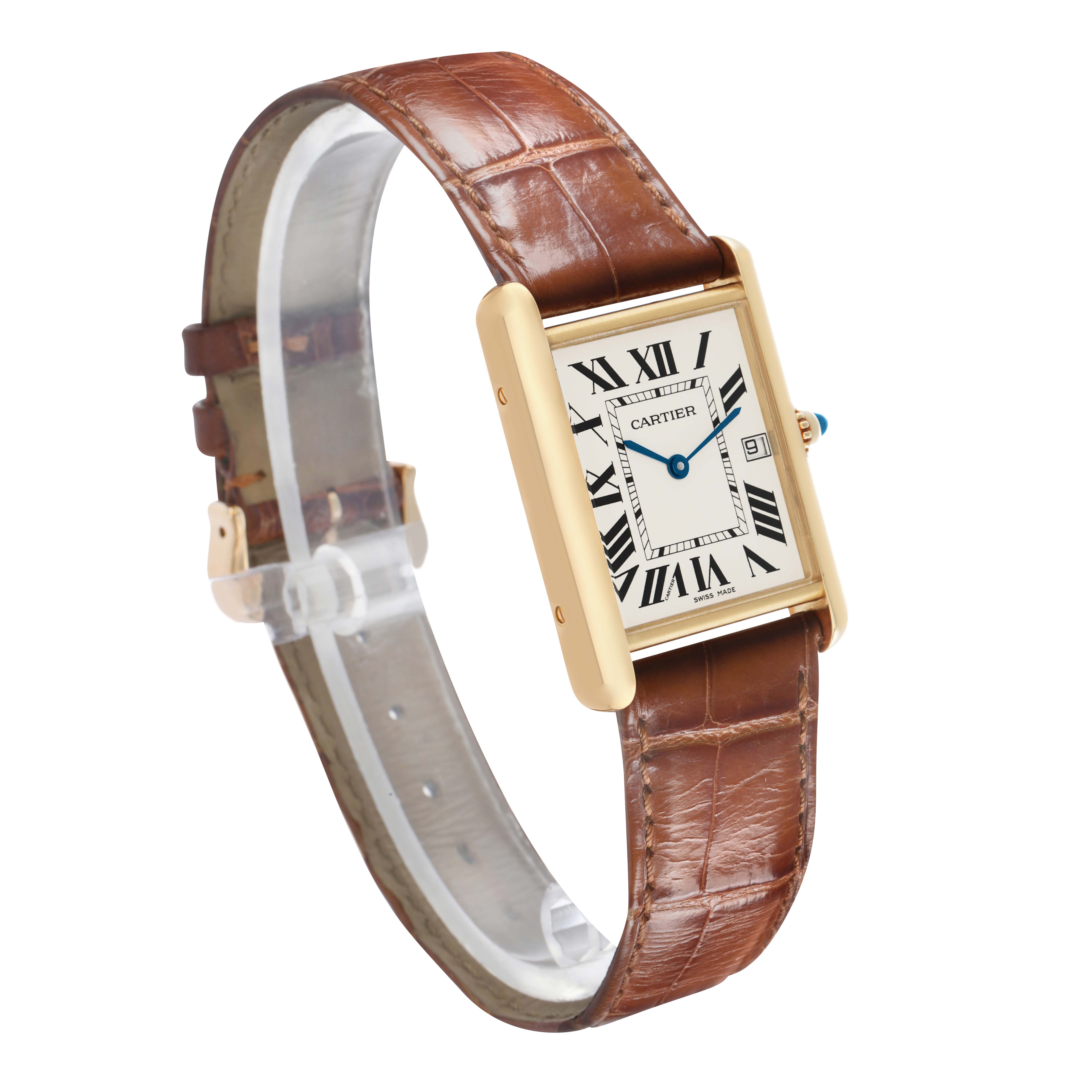 The Cartier Tank Louis W1529756 Men's Yellow Gold Silver Dial watch is shown at a slight angled side view highlighting its rectangular face, gold case, and leather strap.
