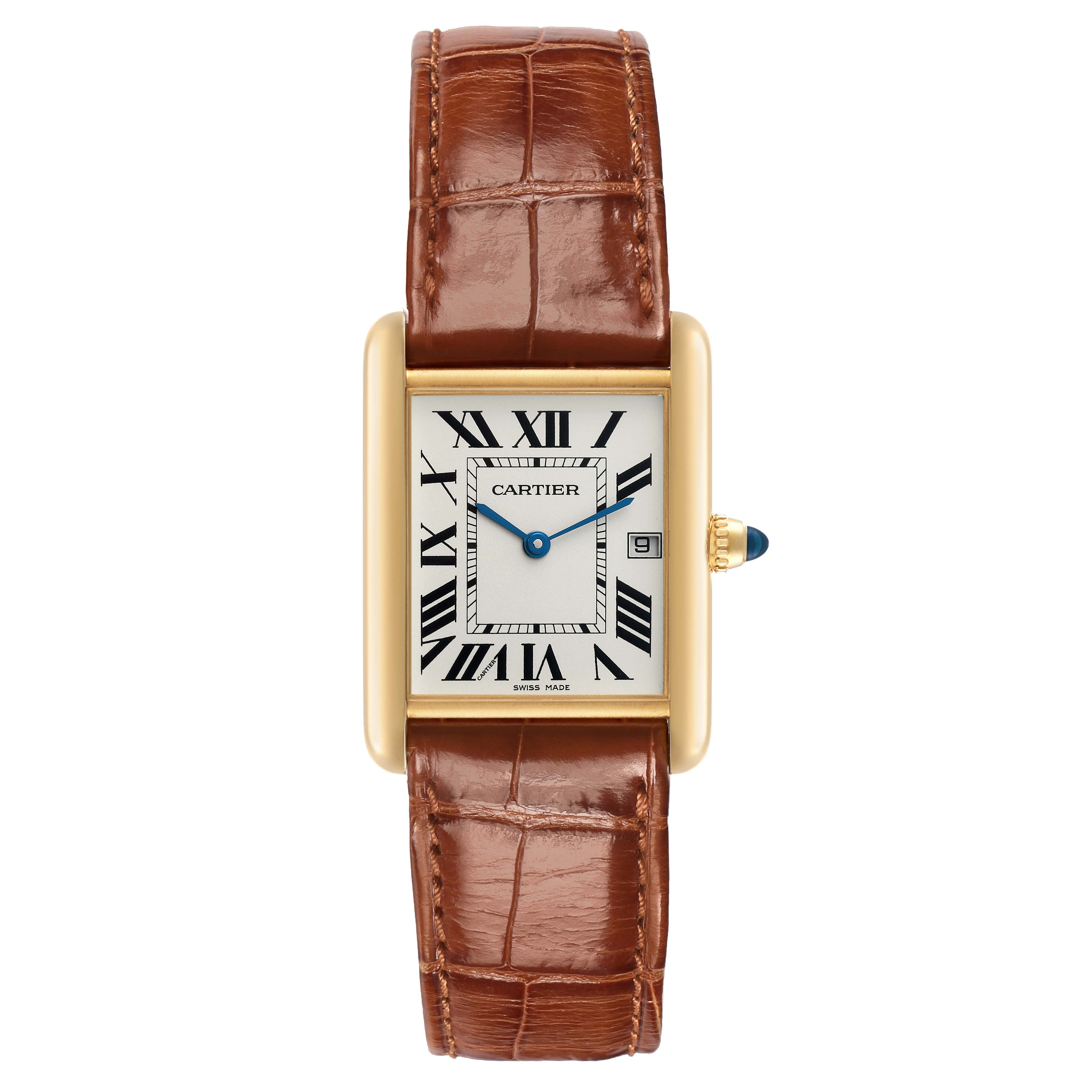The Cartier Tank Louis W1529756 Men's Yellow Gold Silver Dial watch is shown from a front angle, displaying the rectangular face, Roman numerals, and brown leather strap.