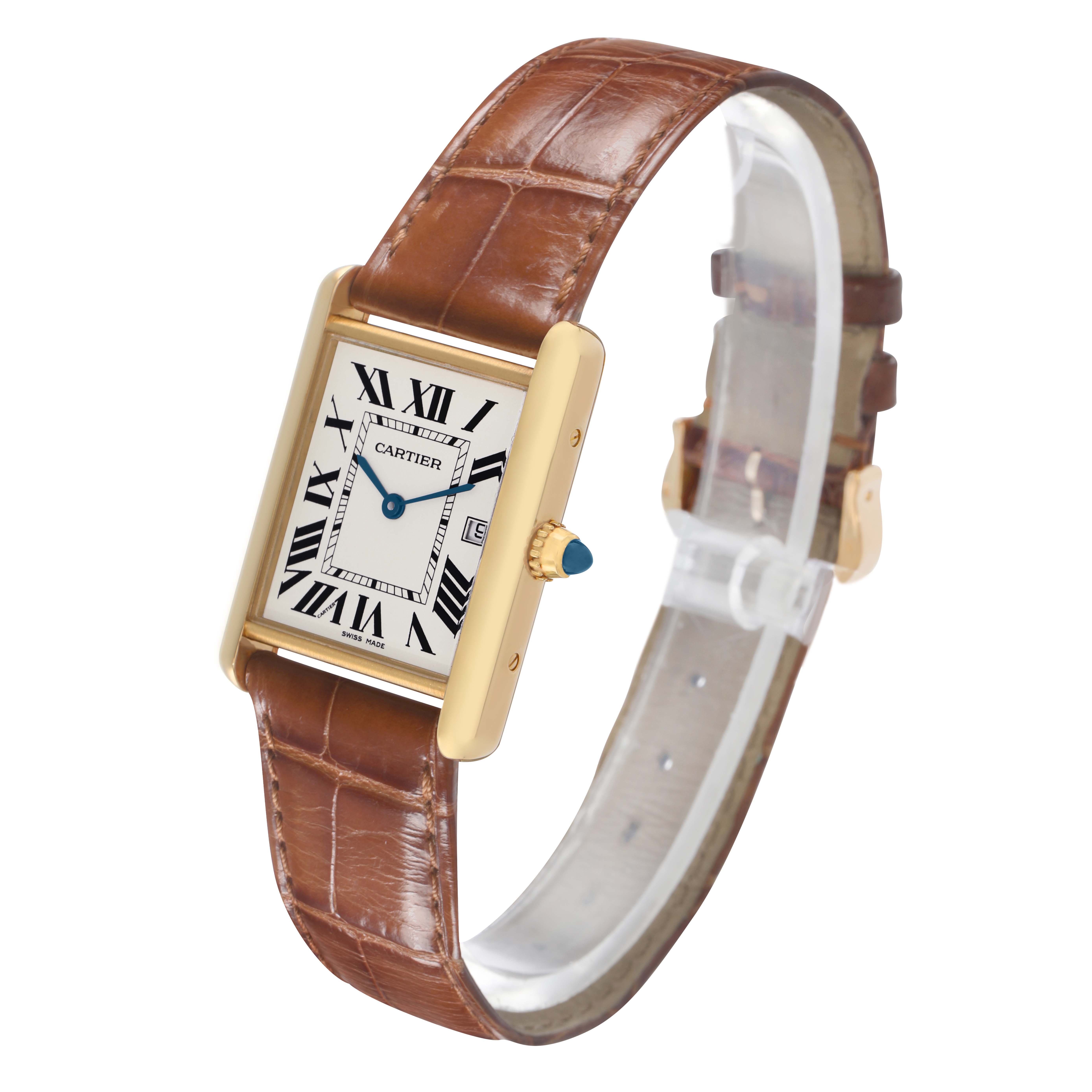 The Cartier Tank Louis W1529756 Men's Yellow Gold Silver Dial watch is shown at a three-quarter angle, displaying the face, bezel, crown, and strap.
