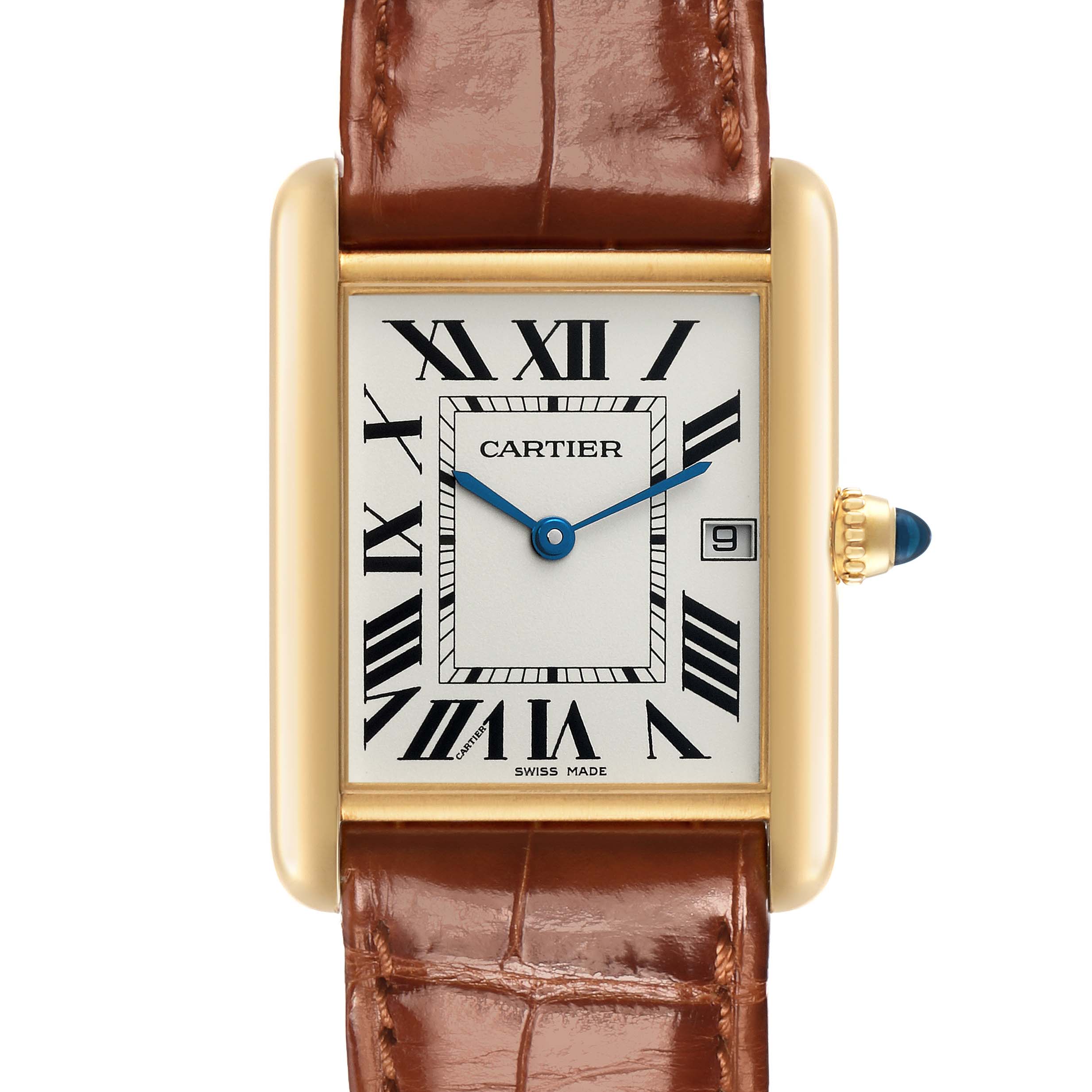 The Cartier Tank Louis W1529756 Men's Yellow Gold Silver Dial watch is shown from the front, featuring its rectangular face, Roman numerals, blue hands, leather strap, and crown.