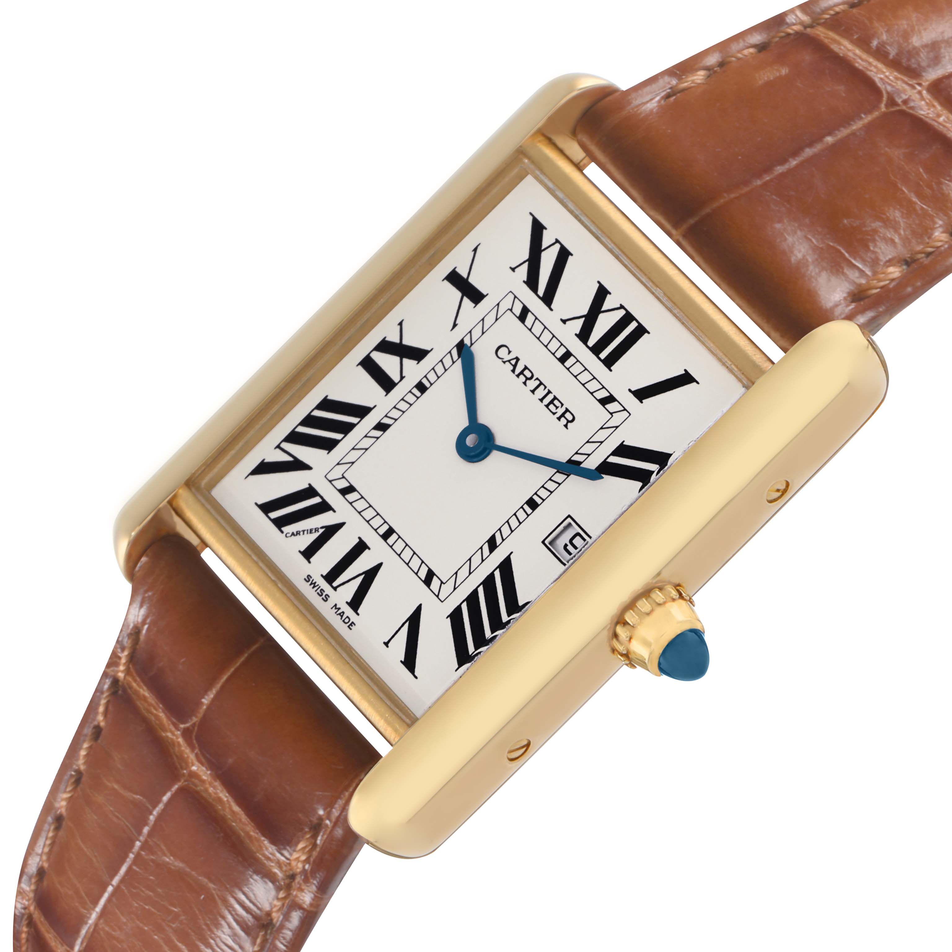 The Cartier Tank Louis W1529756 Men's Yellow Gold Silver Dial watch is shown at a tilted angle, highlighting its rectangular face, gold case, blue hands, and brown leather strap.
