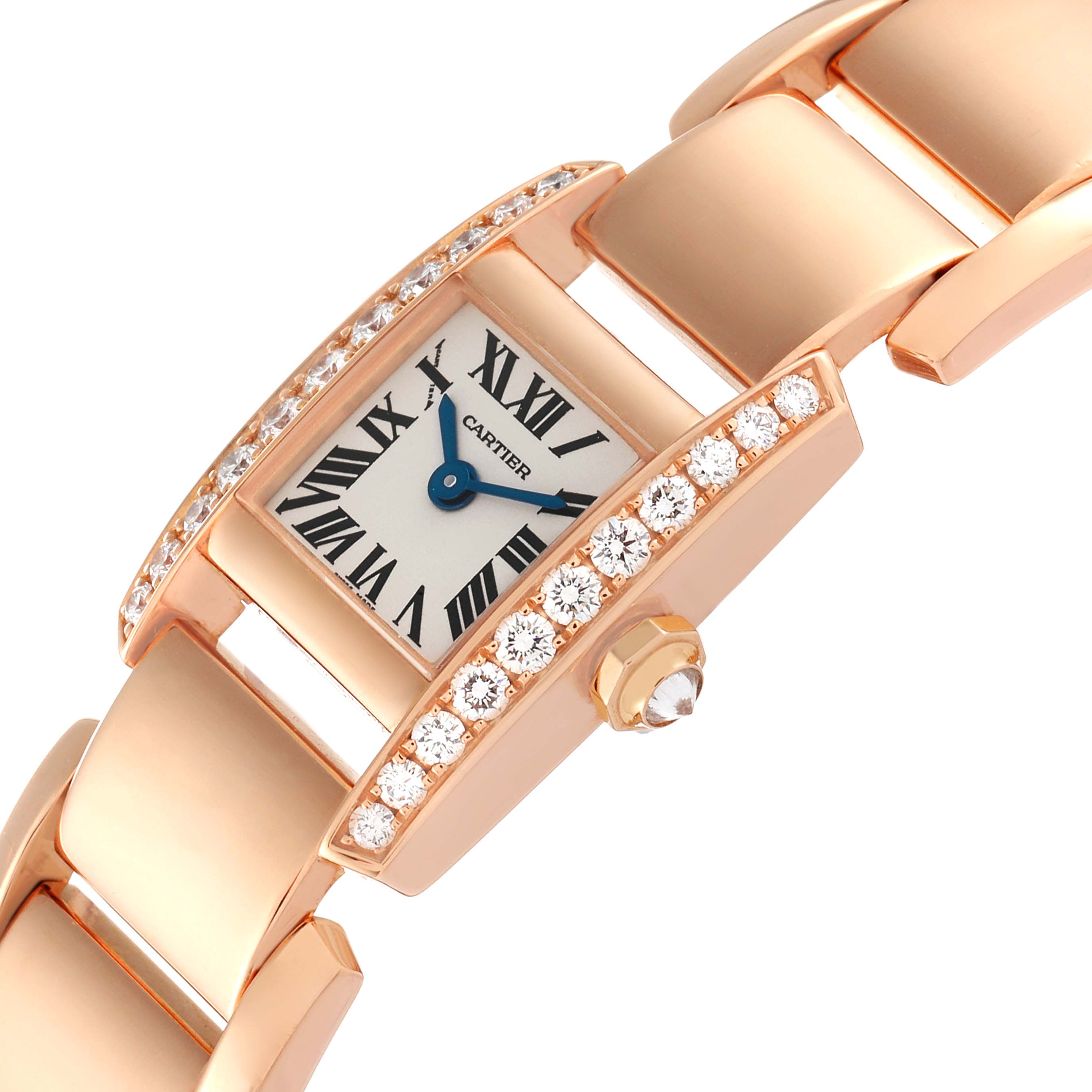 The image shows a close-up angled view of the Cartier Tankissime W650048H Women's Rose Gold Silver Dial W650048H Women's Rose Gold Silver Dial watch, highlighting its gemstone-studded bezel, dial, and bracelet.