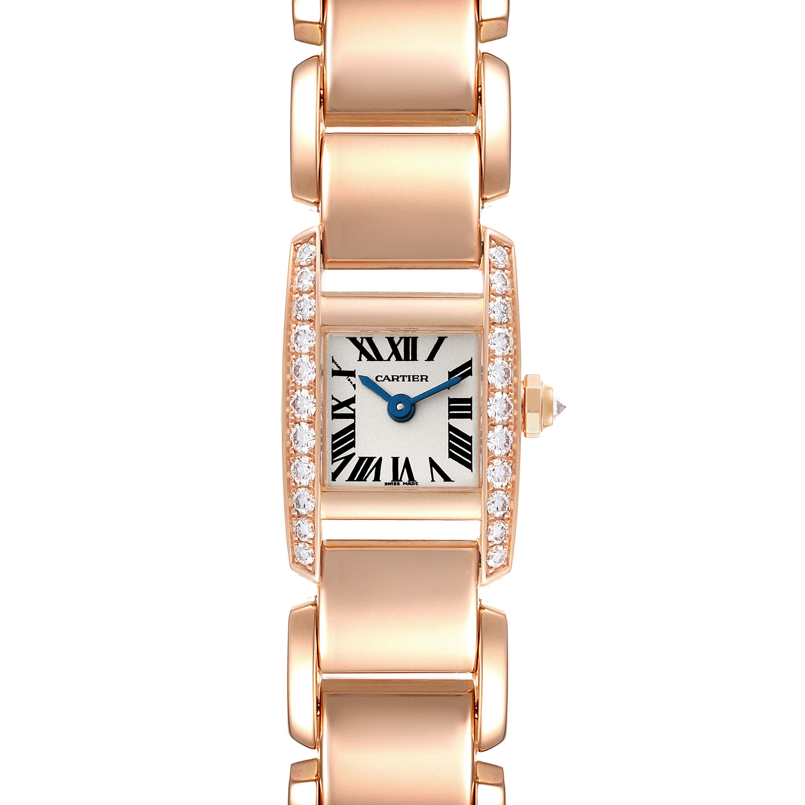 The image shows a frontal view of the Tankissime model by Cartier, highlighting its dial and a portion of the bracelet.