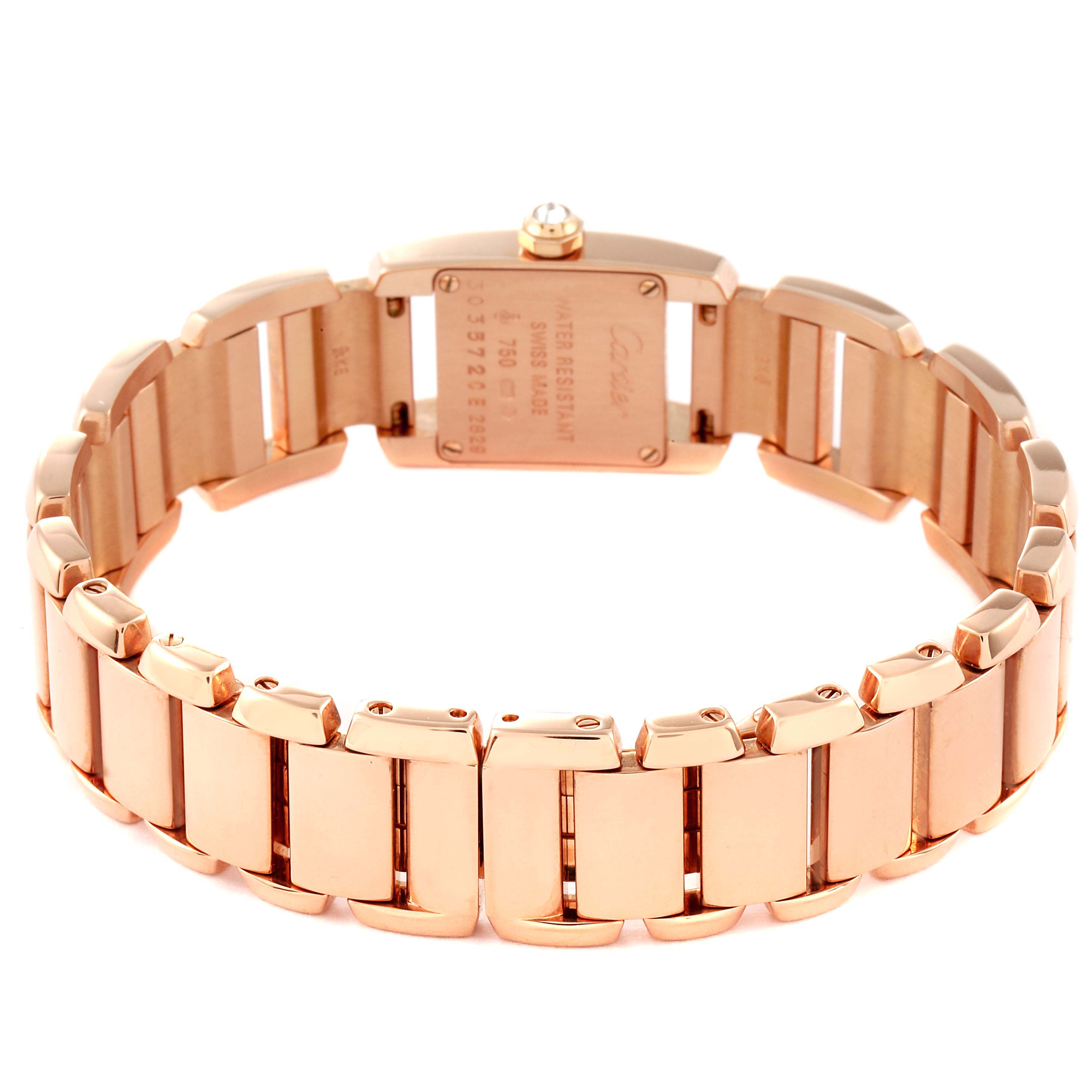 The image shows the back view of a Cartier Tankissime W650048H Women's Rose Gold Silver Dial W650048H Women's Rose Gold Silver Dial watch, focusing on the case back and the gold bracelet.