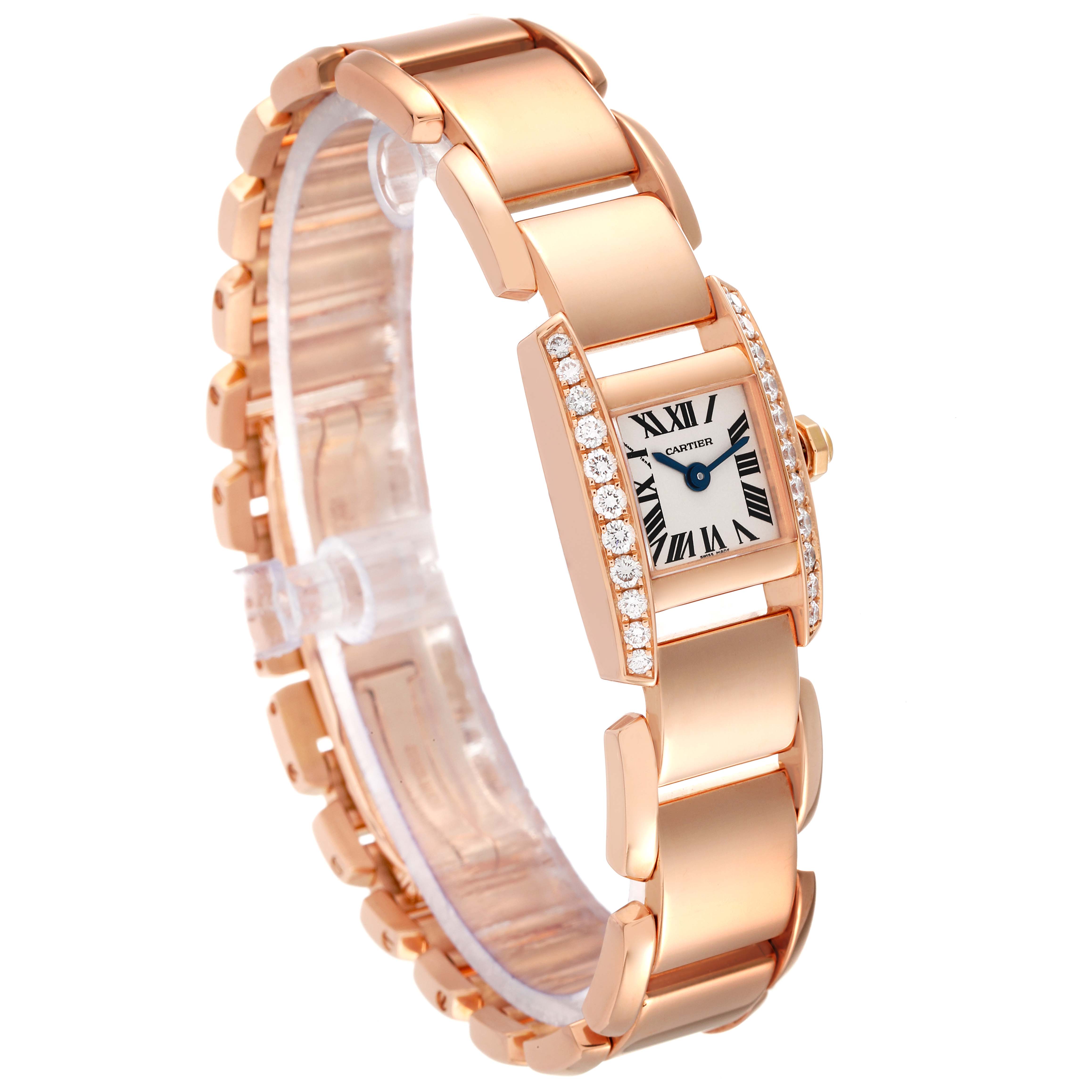 The image shows a Cartier Tankissime W650048H Women's Rose Gold Silver Dial W650048H Women's Rose Gold Silver Dial watch at a side angle, highlighting its rose gold bracelet and diamond-set case.