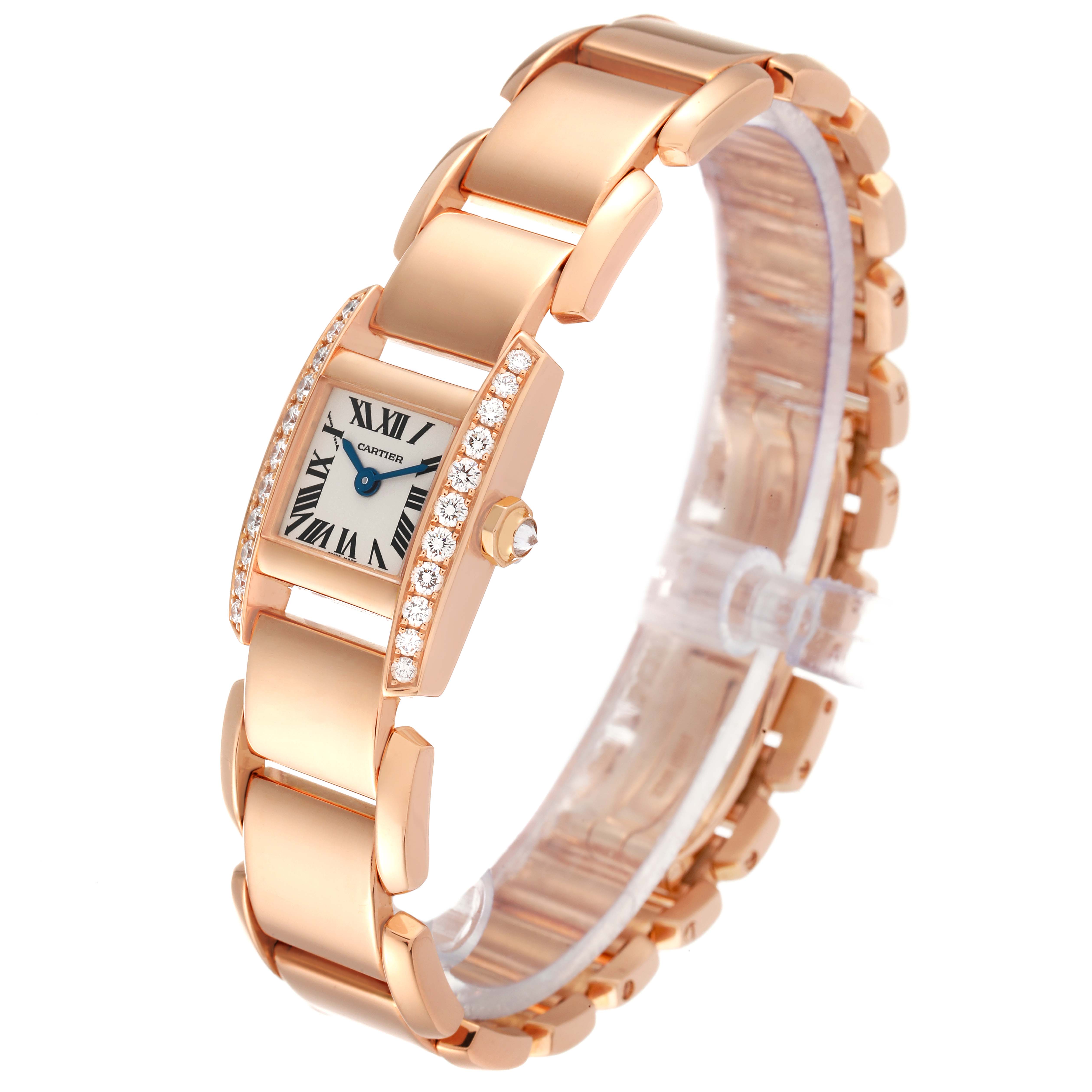 The Cartier Tankissime W650048H Women's Rose Gold Silver Dial W650048H Women's Rose Gold Silver Dial watch is shown at an angle displaying its face, strap, and diamond accents.