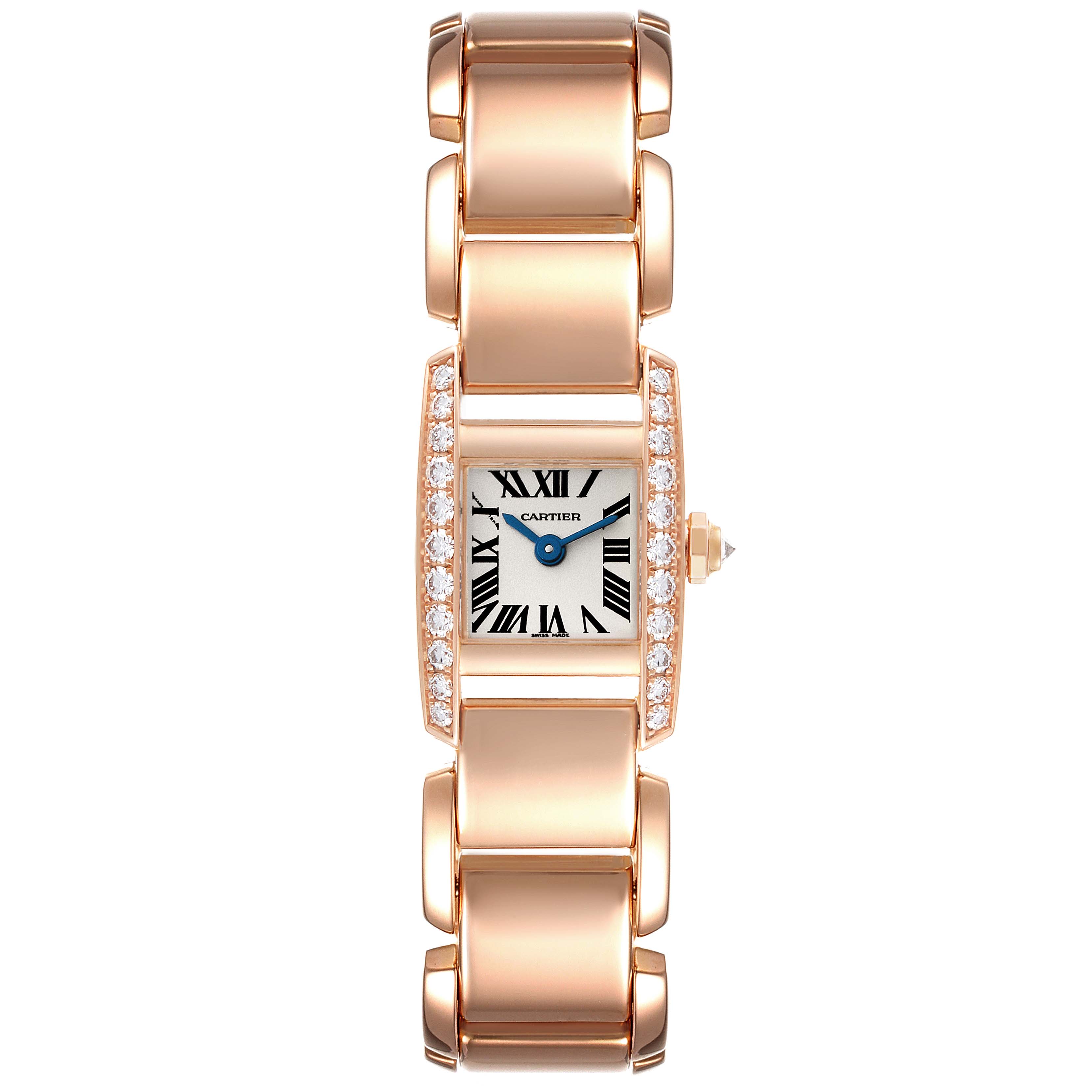 The image shows a front view of the Cartier Tankissime W650048H Women's Rose Gold Silver Dial W650048H Women's Rose Gold Silver Dial watch, highlighting its dial, bezel, and bracelet links.