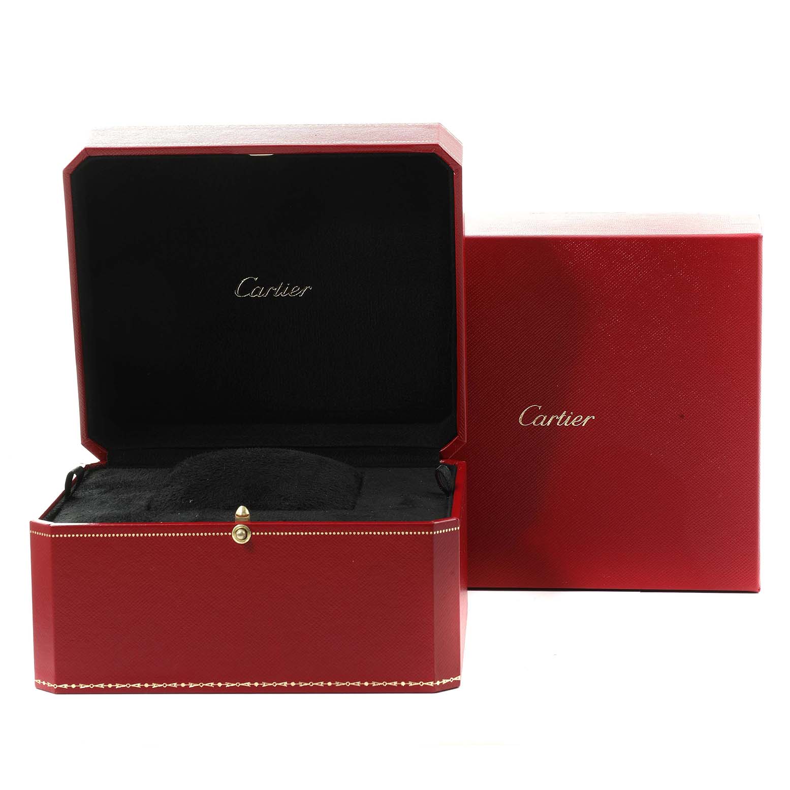 The image shows the open and closed red boxes for the Cartier Tankissime W650048H Women's Rose Gold Silver Dial W650048H Women's Rose Gold Silver Dial model watch.