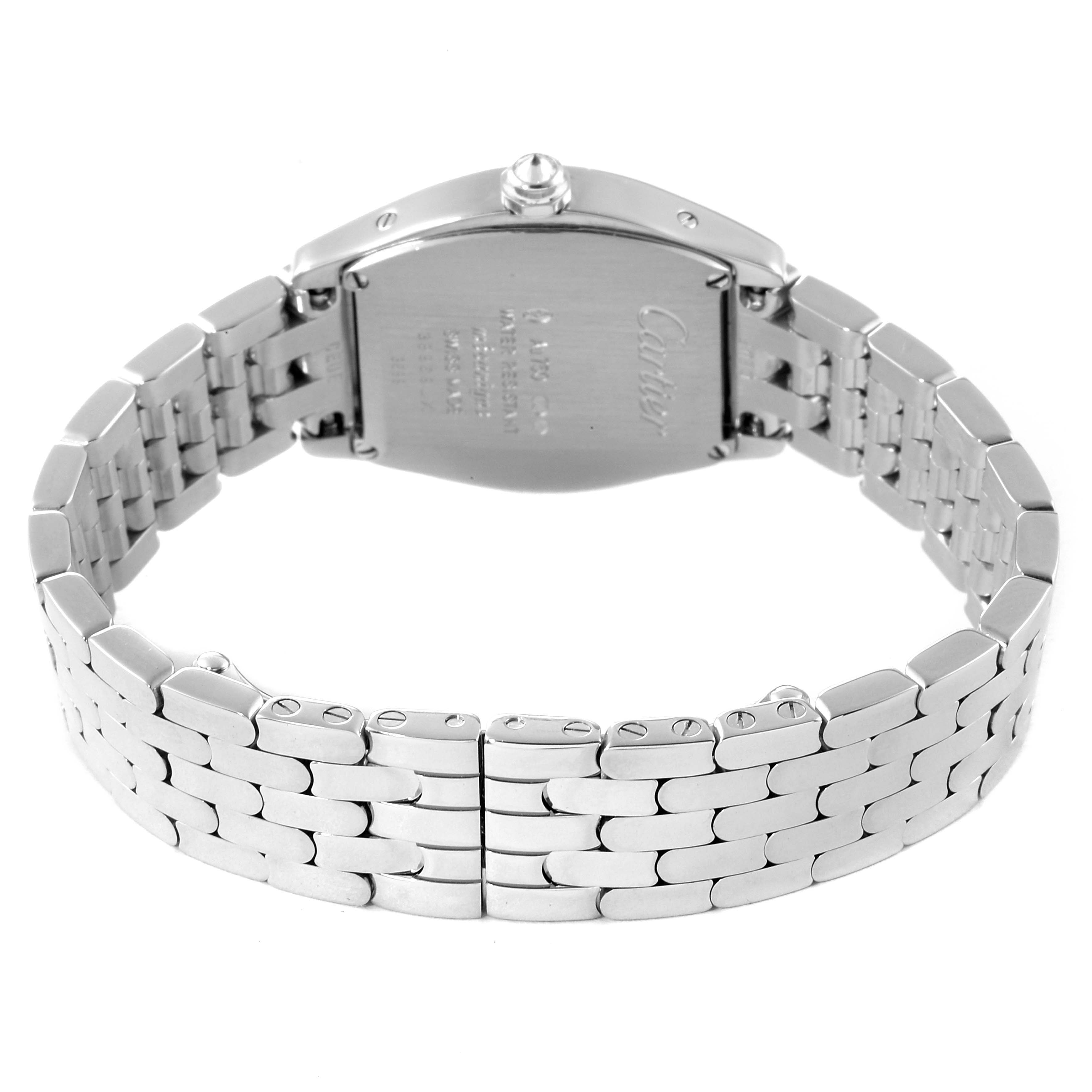 This image shows the back view of the Cartier Tortue WA501011 Women's White Gold Silver Dial WA501011 Women's White Gold Silver Dial watch, highlighting its case back and metal bracelet.