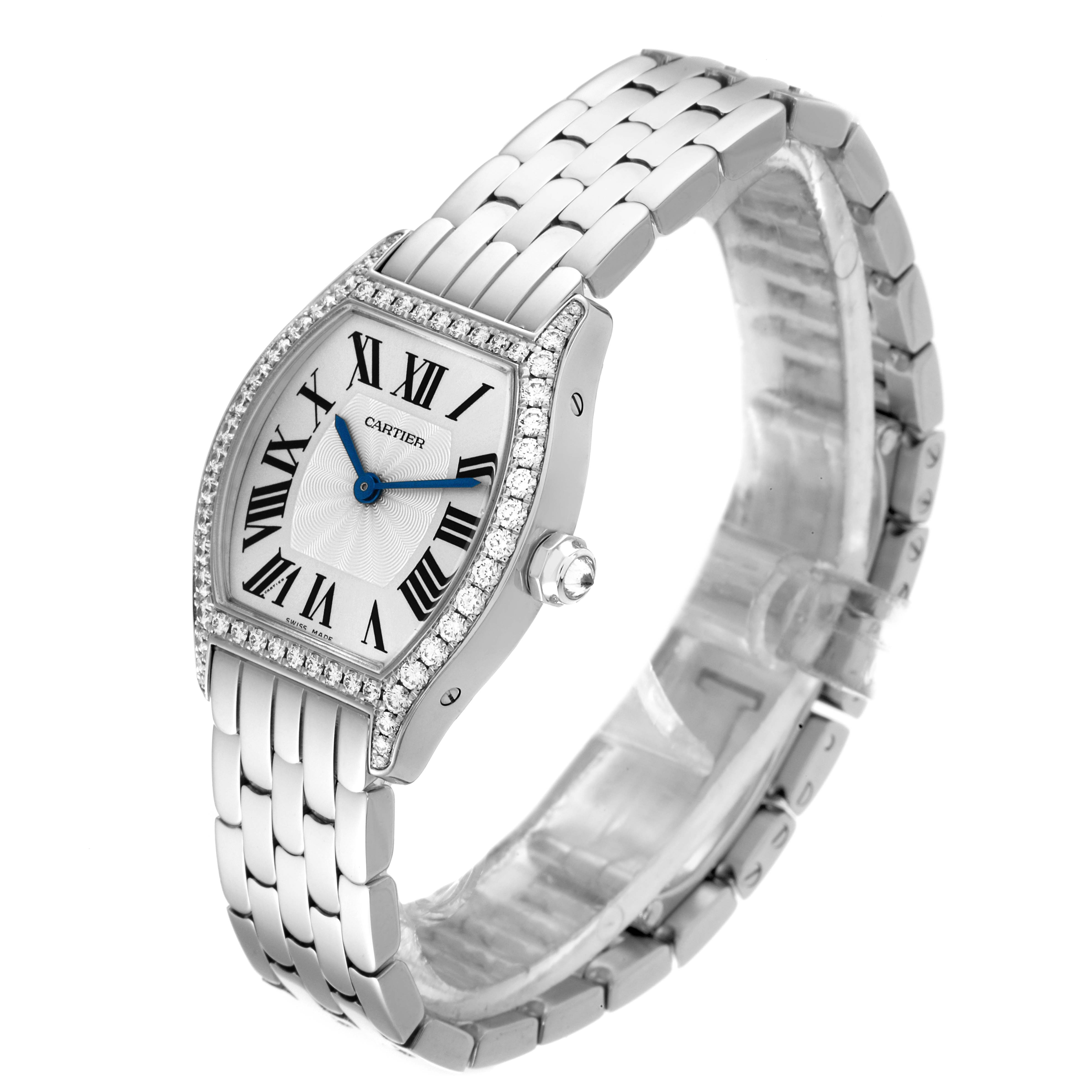 The Cartier Tortue WA501011 Women's White Gold Silver Dial WA501011 Women's White Gold Silver Dial watch is shown at a three-quarter angle, showcasing the face, bezel, crown, and metal bracelet.
