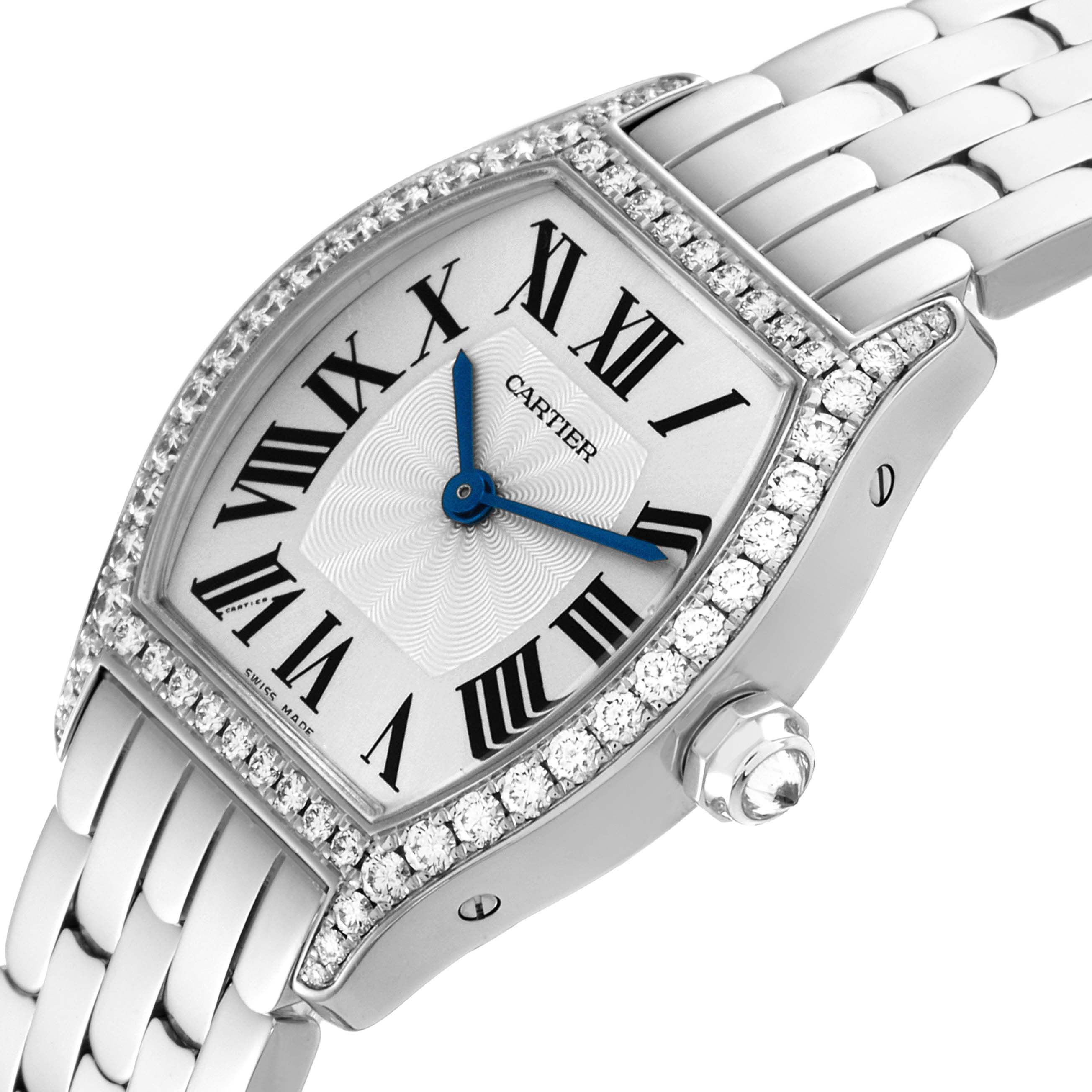 The image shows a Cartier Tortue WA501011 Women's White Gold Silver Dial WA501011 Women's White Gold Silver Dial watch from a tilted angle, highlighting the face, bezel, and upper part of the bracelet.
