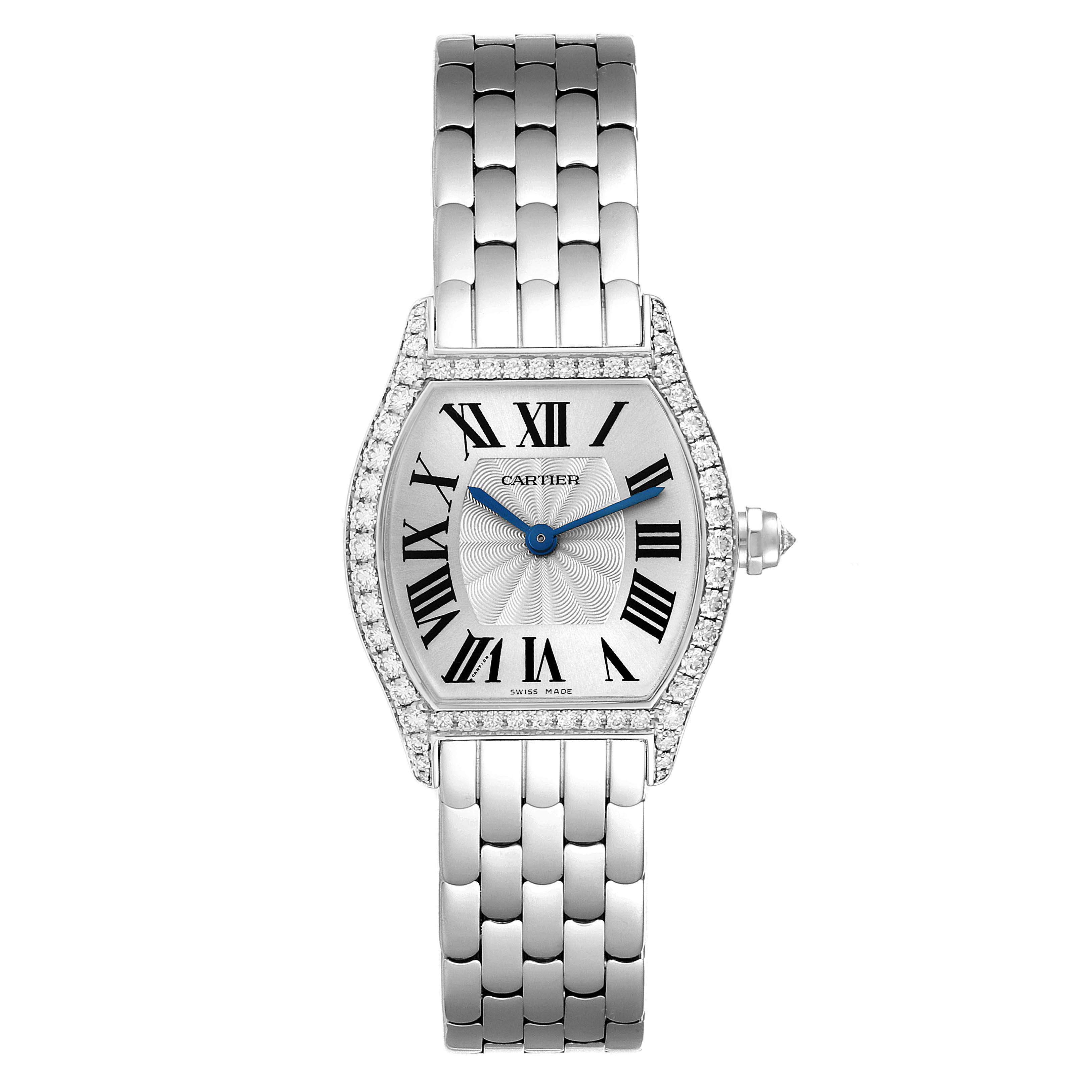 This image shows a Cartier Tortue WA501011 Women's White Gold Silver Dial WA501011 Women's White Gold Silver Dial watch, viewed from the front, displaying its face, bezel, and metal bracelet.