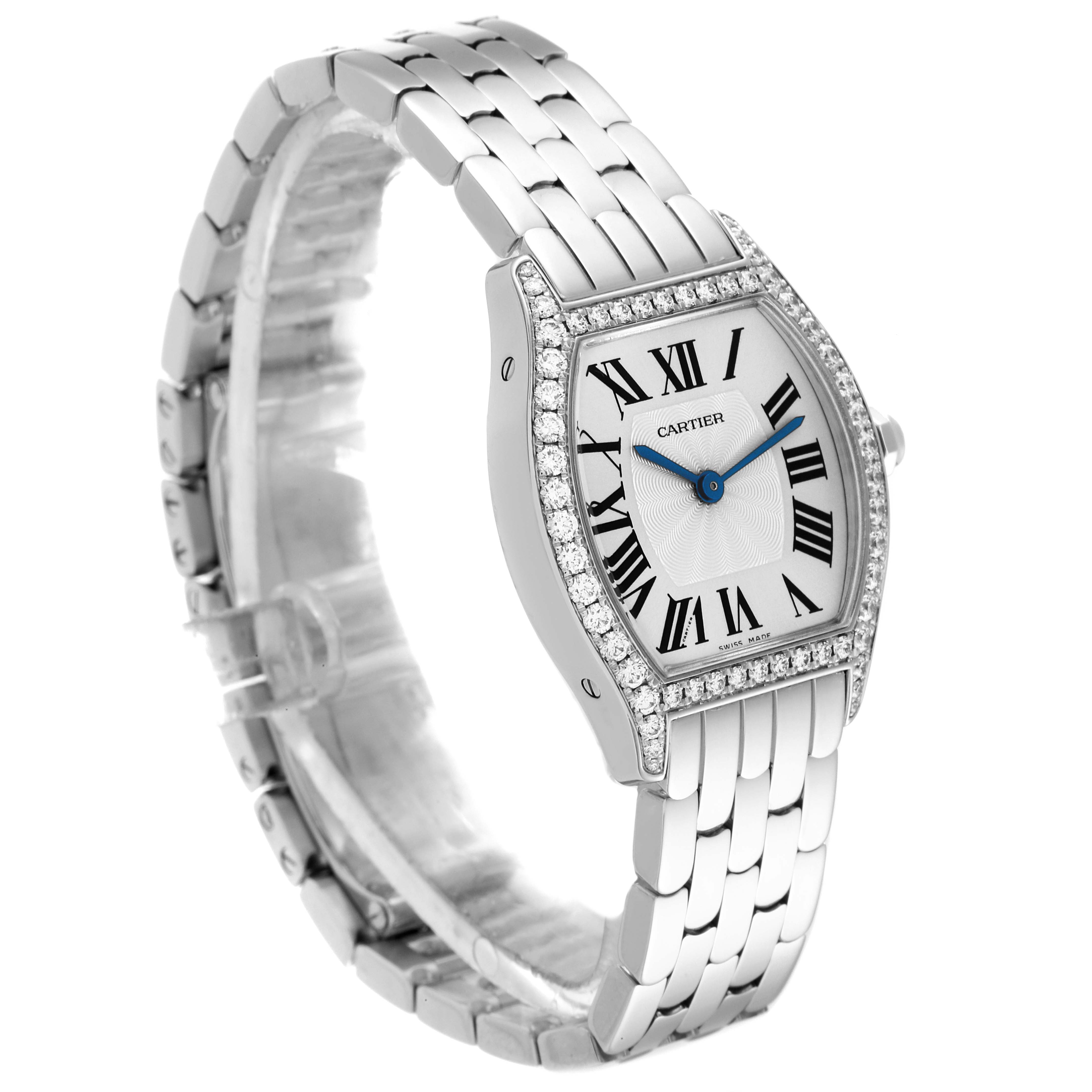 This image shows the Cartier Tortue WA501011 Women's White Gold Silver Dial WA501011 Women's White Gold Silver Dial watch from a front angle, highlighting its face, bezel, and metal bracelet.