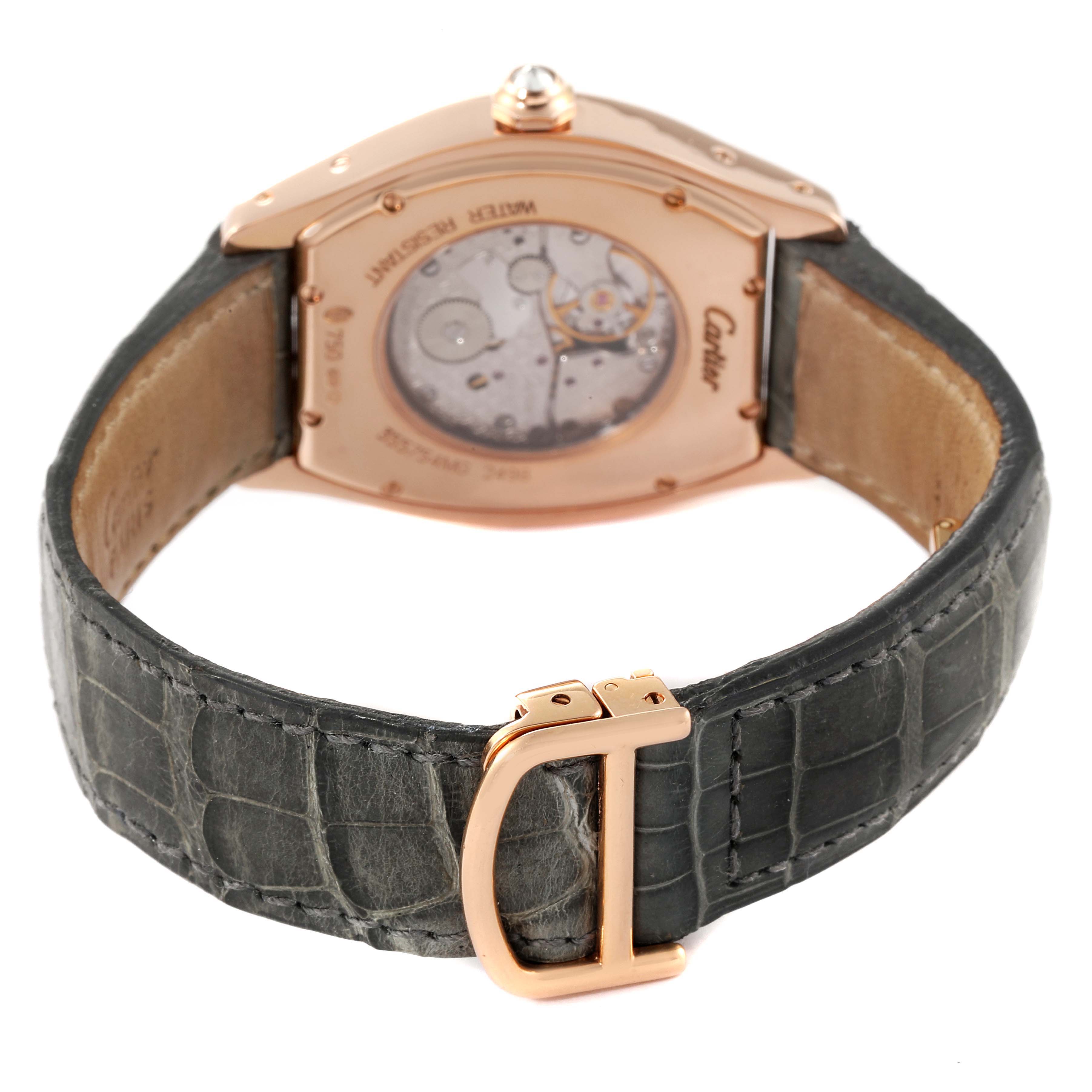 This image shows the back and strap of a Cartier Tortue WA503751 Women's Rose Gold Silver Dial WA503751 Women's Rose Gold Silver Dial watch, highlighting the clasp and movement.