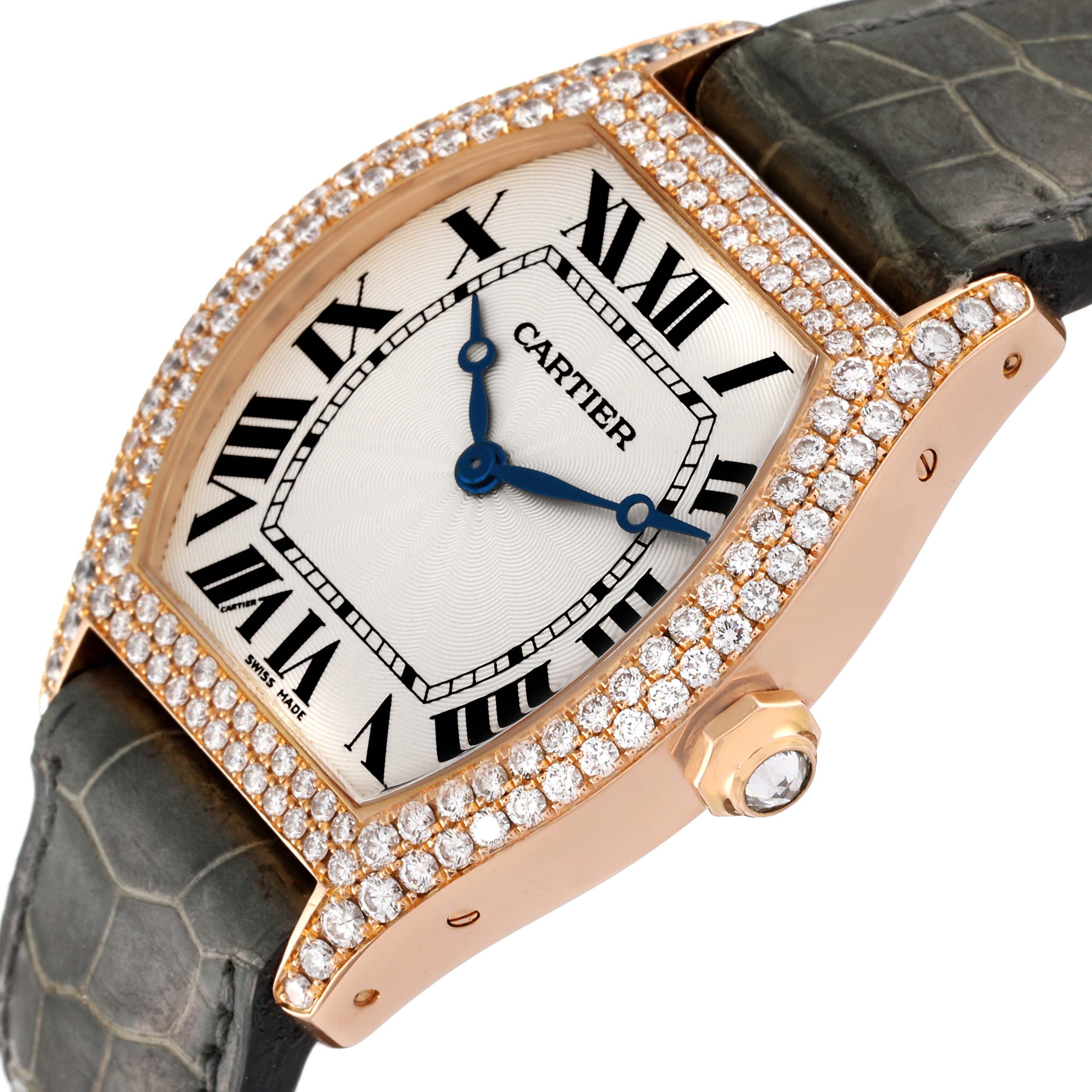 This image shows a top-side view of the Cartier Tortue WA503751 Women's Rose Gold Silver Dial WA503751 Women's Rose Gold Silver Dial watch, highlighting the diamond-encrusted bezel and leather strap.