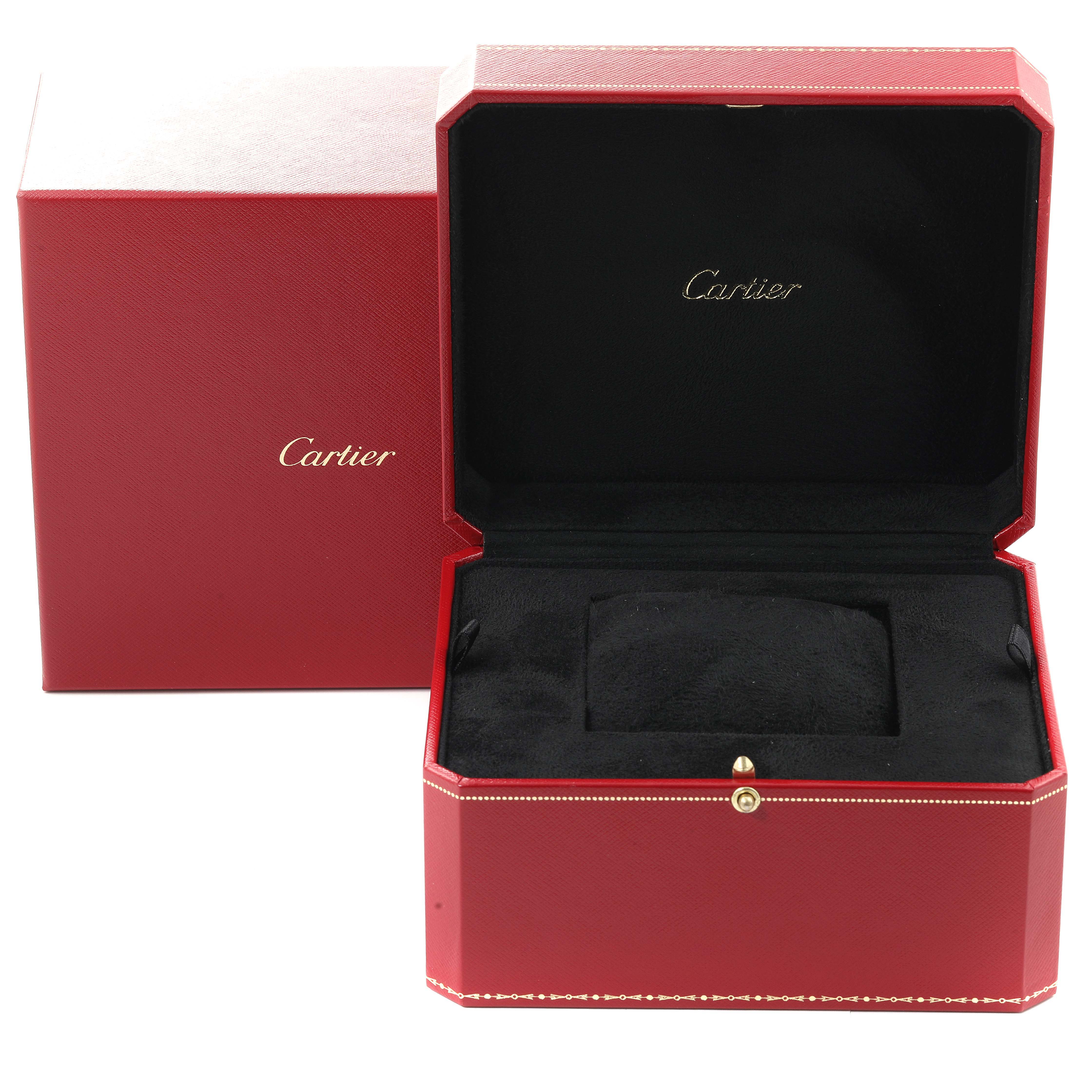 The image shows the open and closed red presentation box for the Cartier Tortue WA503751 Women's Rose Gold Silver Dial WA503751 Women's Rose Gold Silver Dial watch.